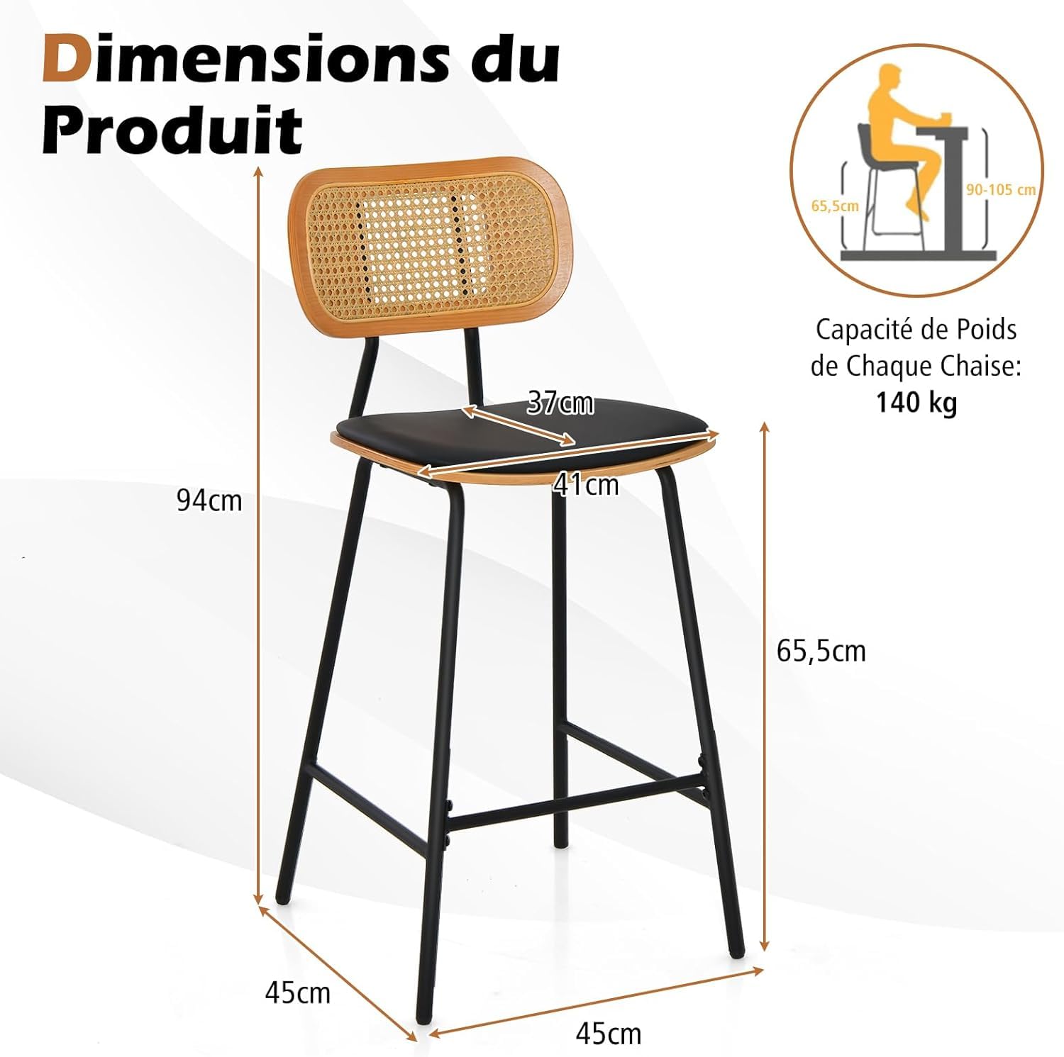 RELAX4LIFE Lot de 2 Tabourets de Bar en Rotin, Chaise Haute Bar Cuisine Bohème avec Cadre Métallique, Chaise Cannage avec Repose-Pieds, Assise 65,5 CM, Charge 140 KG pour Café Salon Bistro