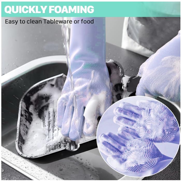 Image of XJ LIVING Magic Silicone Dishwashing Gloves for Kitchen Cleaning, Reusable Silicone Hand Gloves for Dish Wash, Car Wash, Bathroom Cleaning & Pet Grooming (Multicolour, 1 Pair)