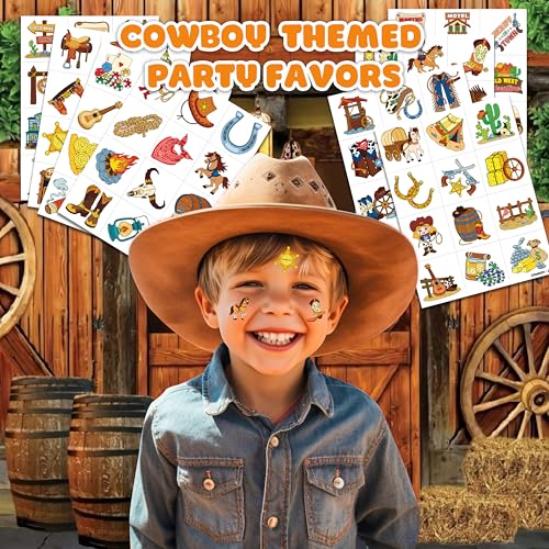 Image of 96 PCS Pre-Cut Cowboy Temporary Tattoos for Kids Birthday Party Favors | Super Cute Western Rodeo Horse Themed Supplies, Decorations, Fake Tattoo Stickers for Boys