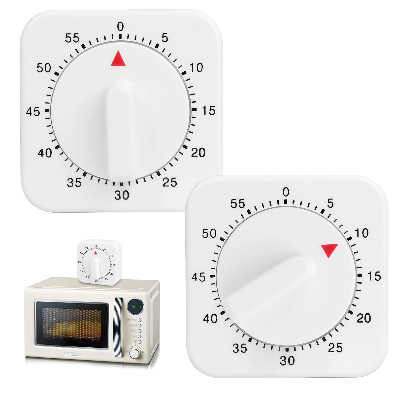 2-Piece Kitchen Timers - 60 Min Square Mechanical Alarm Reminder, Wind Up Count Down Timer, Plastic for Baking & Exercise