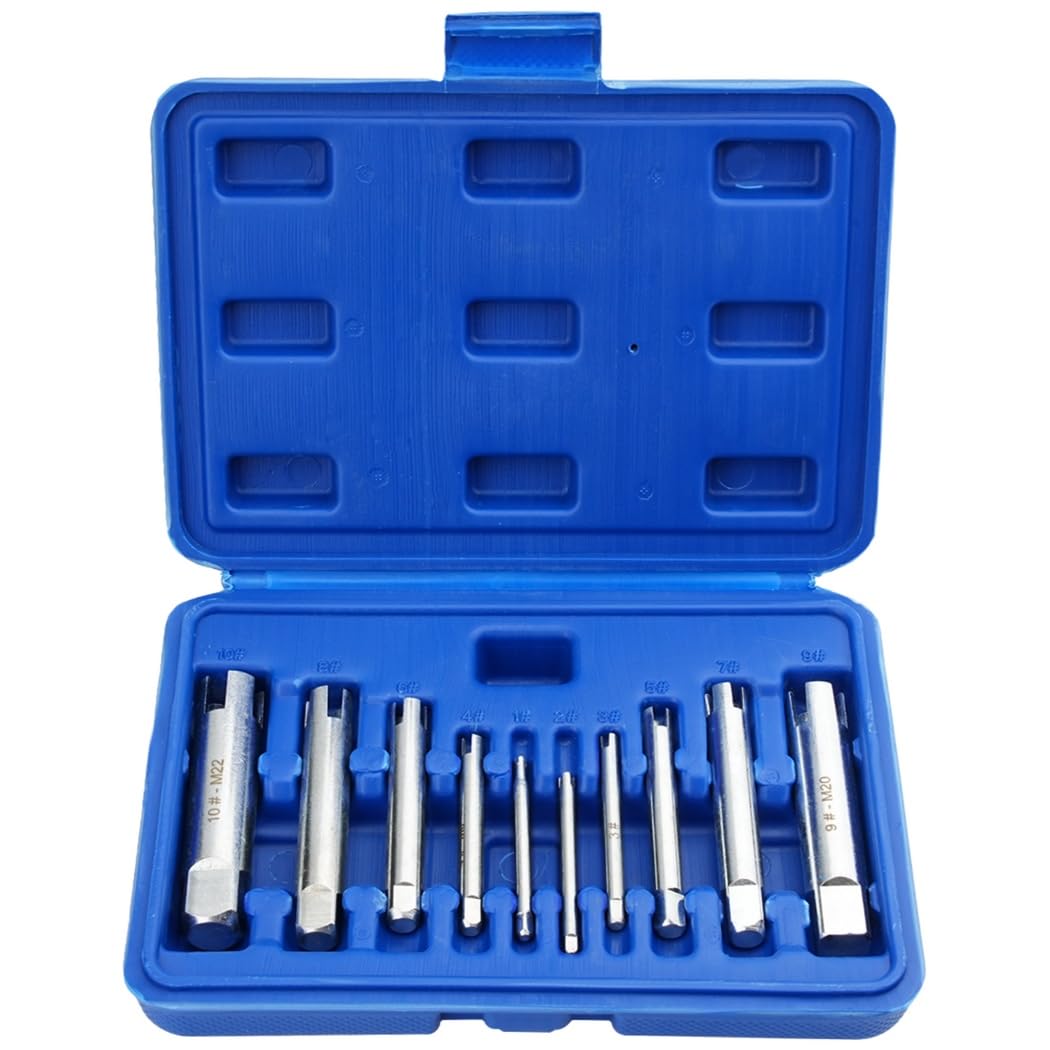 Estrattore per rubinetto, 10 pezzi, set di estrattori per rubinetti a testa rotta, kit di strumenti per la rimozione di bulloni rotti, estrattori per viti con scatola, 3 scanalature e 4 scanalature