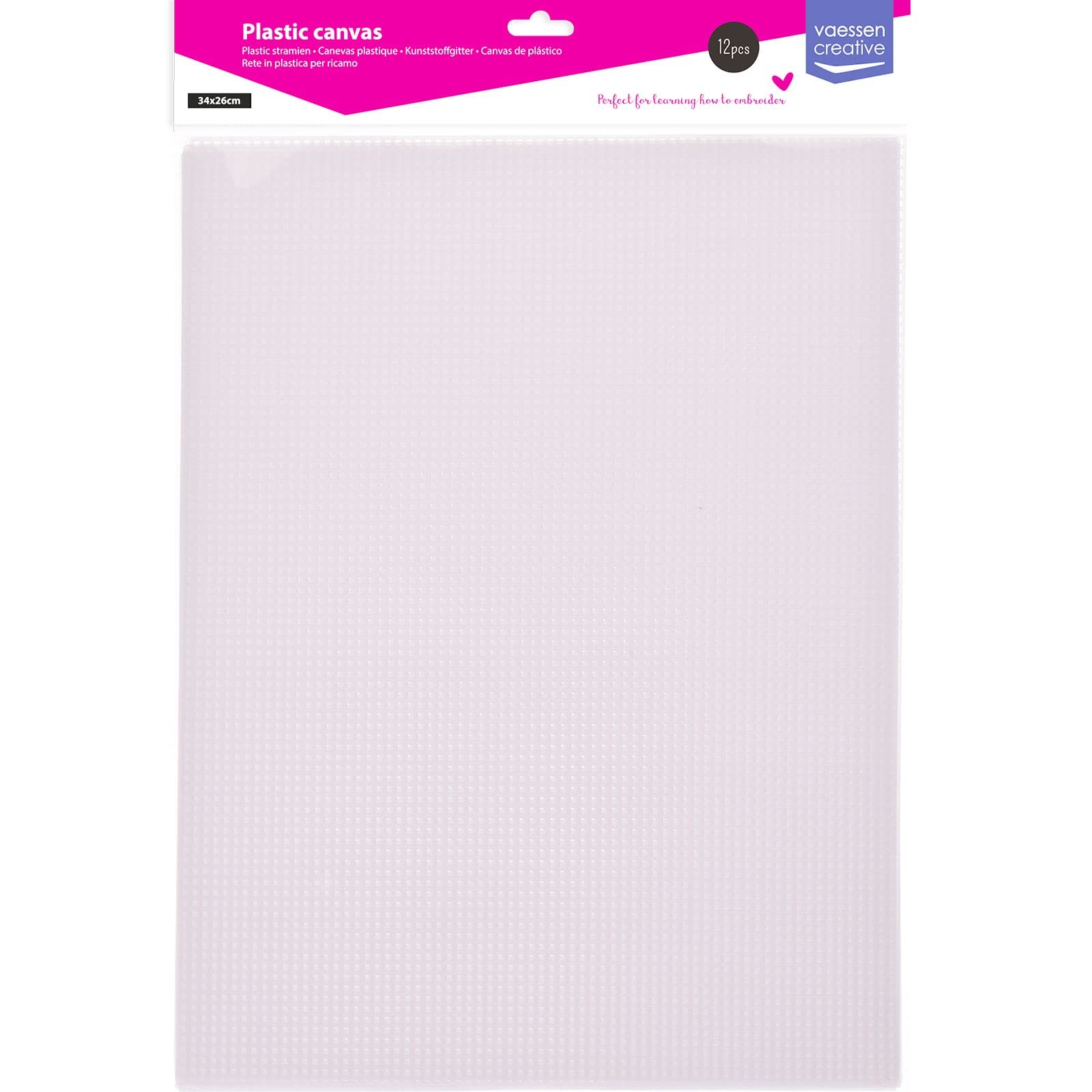 Vaessen Creative Cañamazo Plástico, 7 ct, Hojas de Malla Flexible para Manualidades, Bordado y Punto de Cruz, 12 Unidades, 26x34cm, Transparente