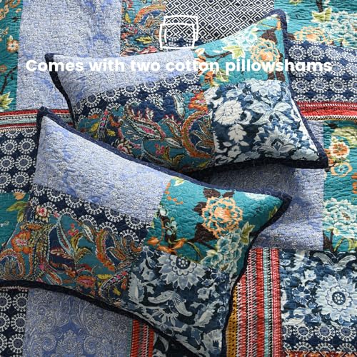 Secgo Queen Comforter Set for Bed - 100% Cotton Quilts Queen Size, Navy, Bohemia Bedspreads (90 * 98 Inch) with 2 Pillow Shams, Patchwork Reversible Lightweight Bedding