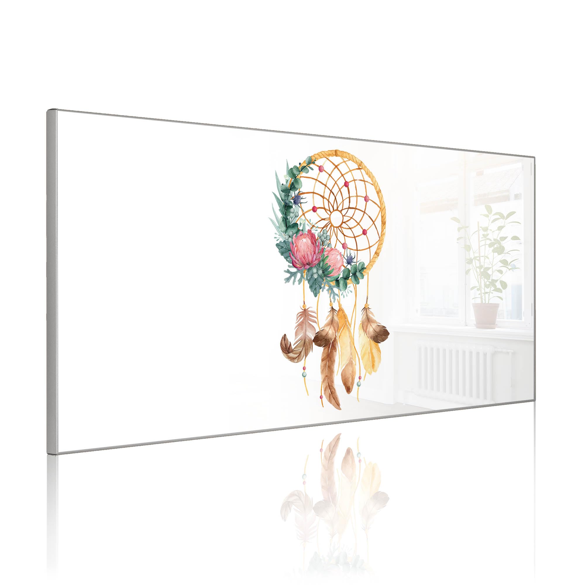 banjado Magnettafel Metall 78 x 37cm - beschreibbare Magnettafel - Metall Pinnwand als Memoboard - Magnetwand Küche, Büro, Kinderzimmer Grau inkl. 4 Magnete & Montageset - Motiv Traumfänger Federn u