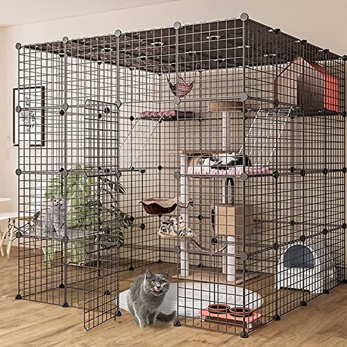 大型猫ケージ 屋内 - 猫ケージ 犬小屋 猫囲い フェレットケージ 猫 ベビーサークル 猫フェンス 猫ケージ トイレ付き 取り外し可能なペットエクササイズプレイス ハンモックとベッド付き - 1~4匹の猫に最適 (147x147x14