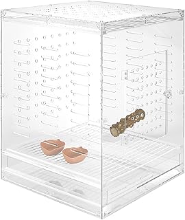 Clear acrylic bird cage measuring 14 by 15 by 20 inches
