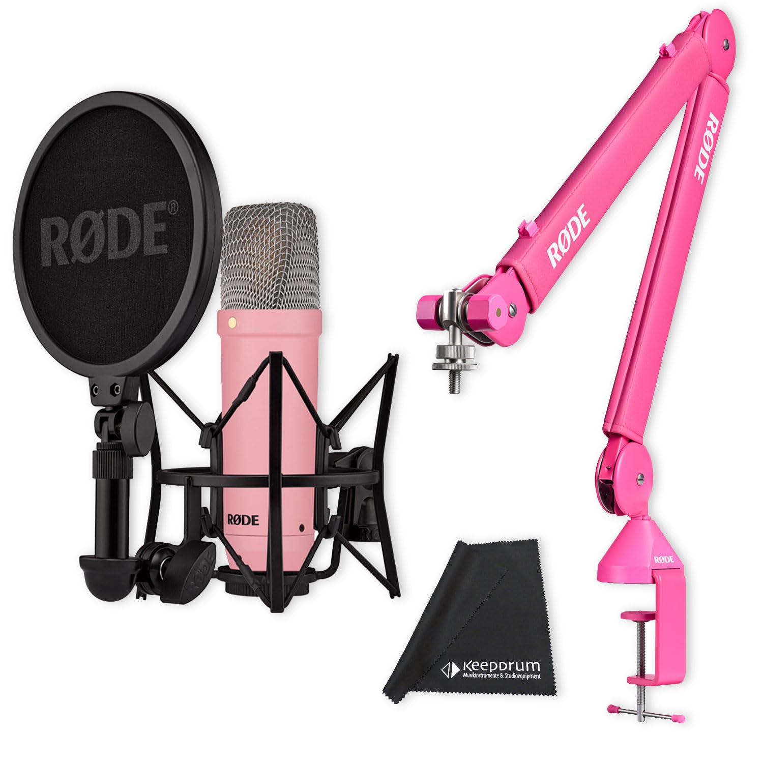 Rode NT1 Signature Studio-Mikrofon Pink mit PSA1+ Gelenkarm-Stativ Pink und keepdrum Mikrofasertuch