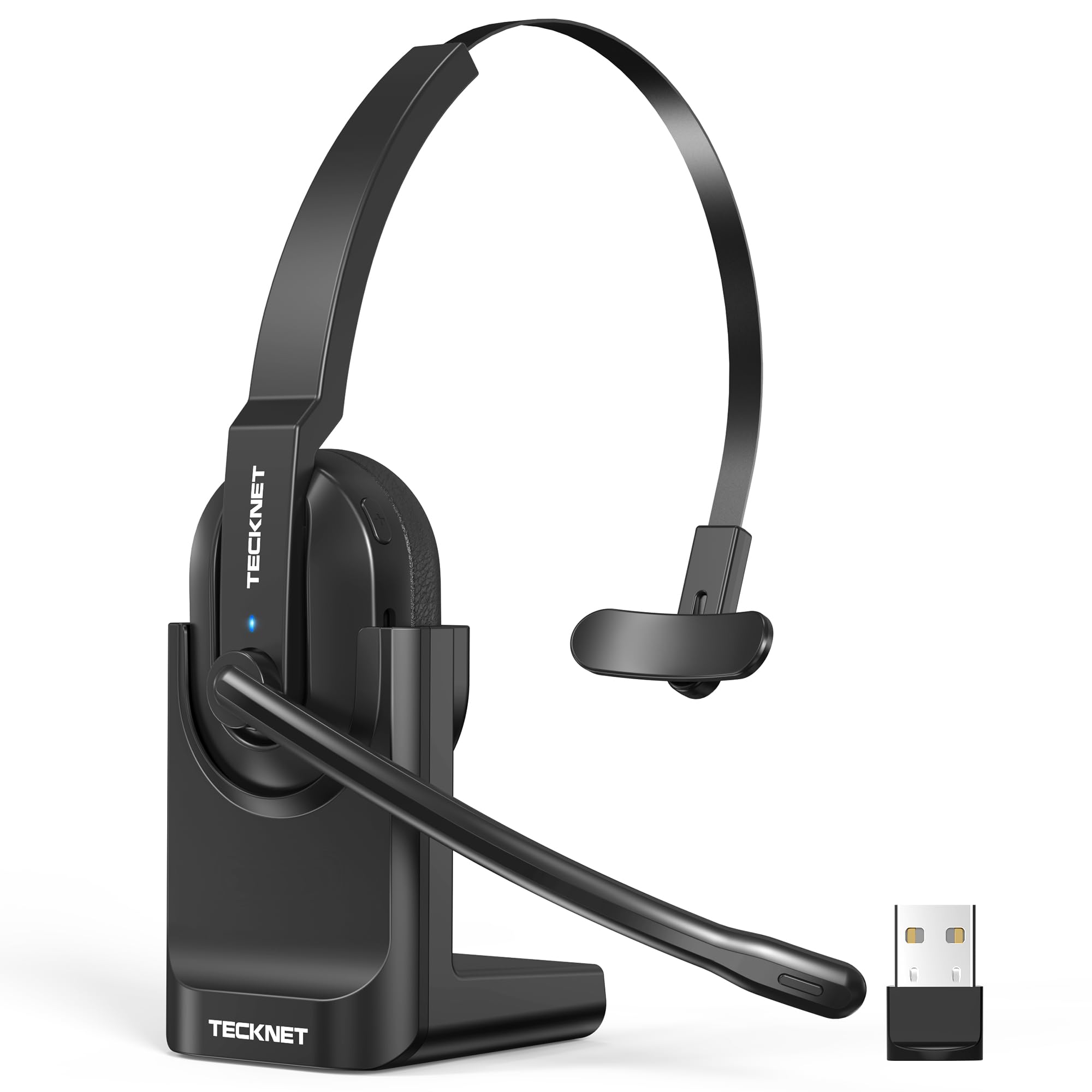 TECKNET Casque Bluetooth V5.2 avec microphone, casque sans fil avec station de charge, MIC ENC Casque PC, dongle USB, casque supra-auriculaire sans fil pour camionneur/centre d'appel/bureau – Batterie