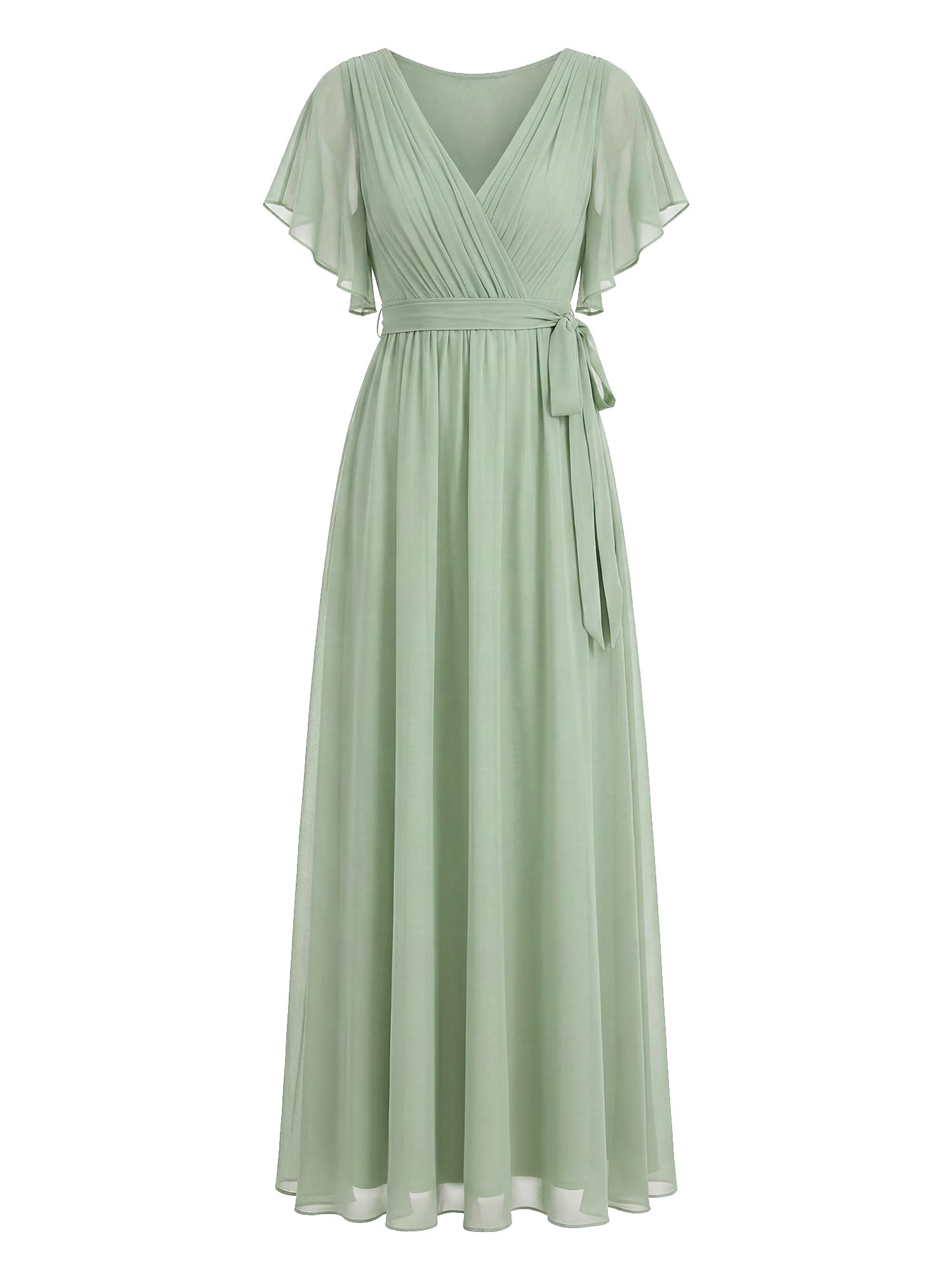 Ever-Pretty Robe pour Mariage Invité Longue Femme Col V Mousseline A Line Manches Courtes Plissé Chic EE0164A