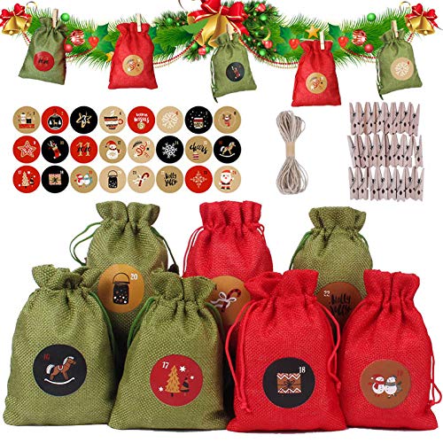 Rock Ninja Calendrier de l'Avent, 24 Sac Cadeau de Noël, Pochette Noel, Sachets en Tissu à Remplir, Sacs Cadeau avec Etiquettes Numéro et 24 Pinces en Bois, pour DIY Décoration de Noël