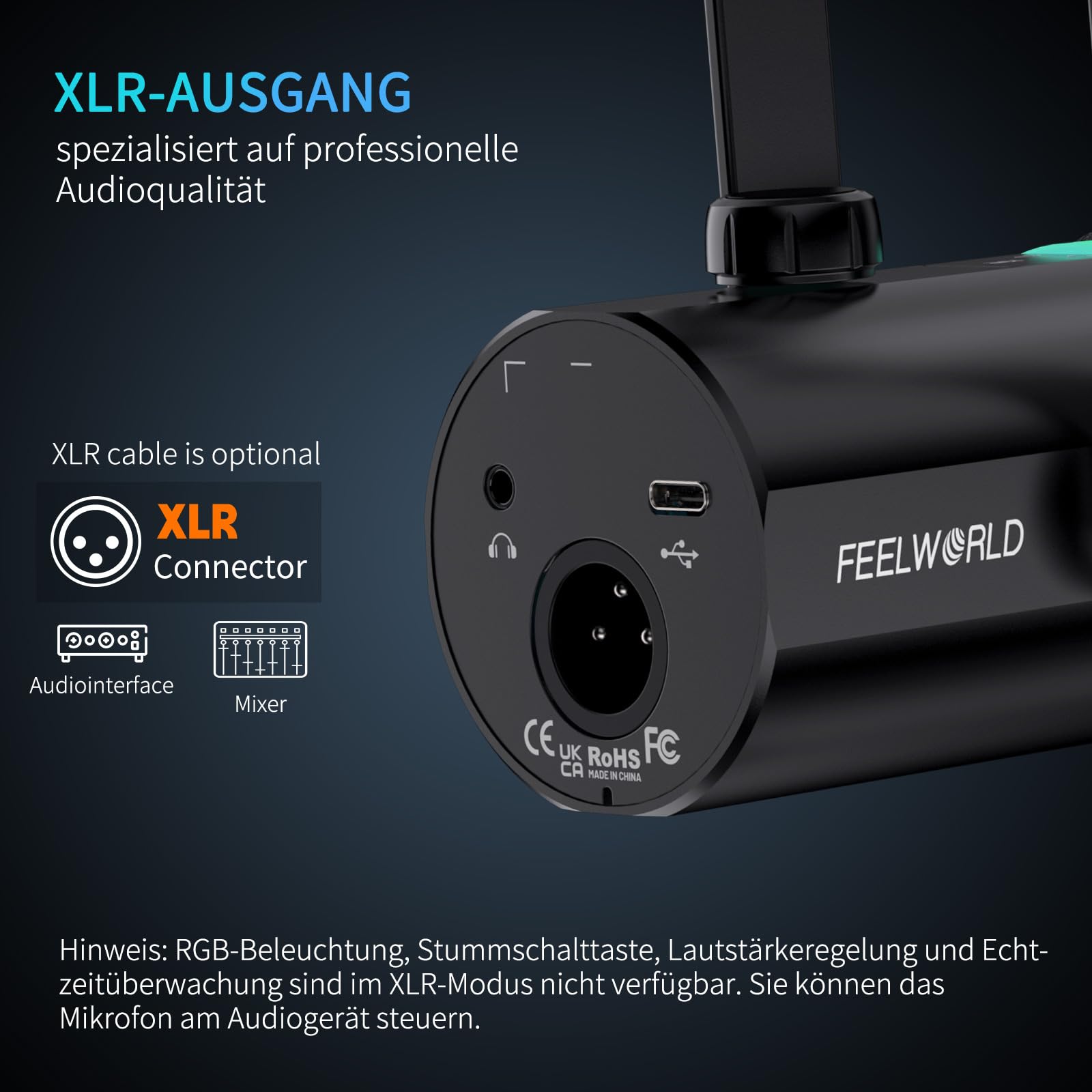FEELWORLD PM1 XLR/USB Dynamisches Mikrofon für Podcast-Aufnahmen, Gaming-PC-Computer-Mikrofon mit RGB-Licht, Stummschaltung, Kopfhöreranschluss, Herzförmige Richtcharakteristik, für Studio YouTube.