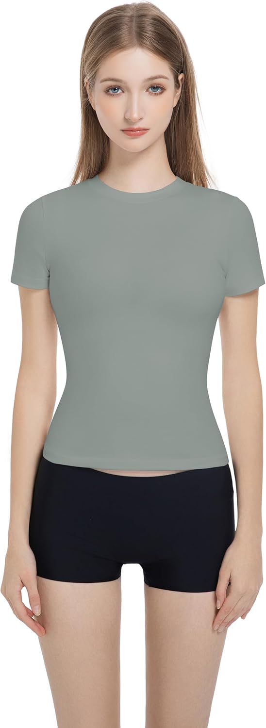 Women’s Slim Fitted Crew Neck T-Shirt Stretchy Cotton Y2K Short Sleeve Tees for Workout Basic Tees Going Out Tops