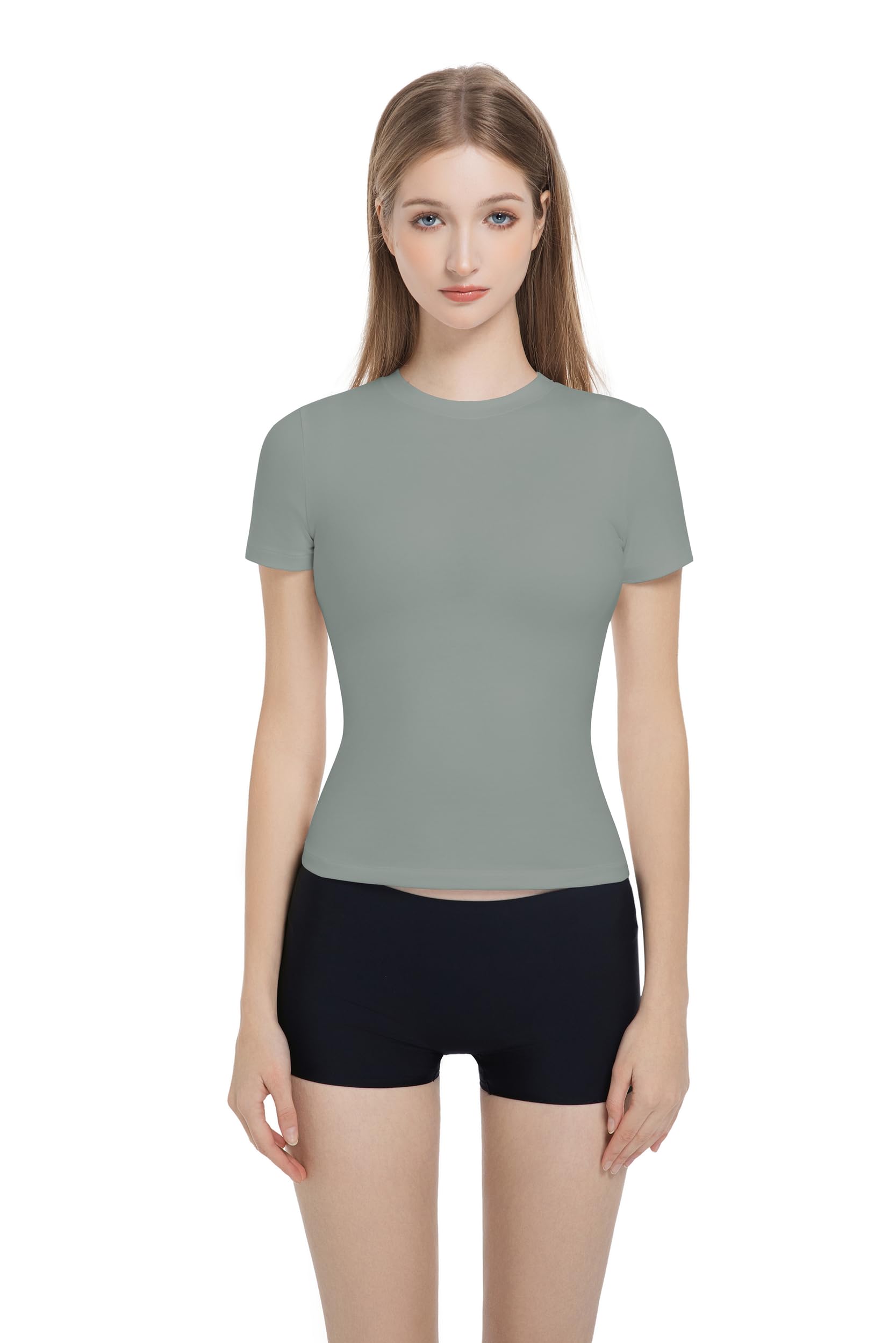 Gemonklee Women’s Fitted Crew Neck T-Shirt Stretchy Cotton Y2K Short Sleeve Tees for Workout Basic Tees Going Out Tops Green