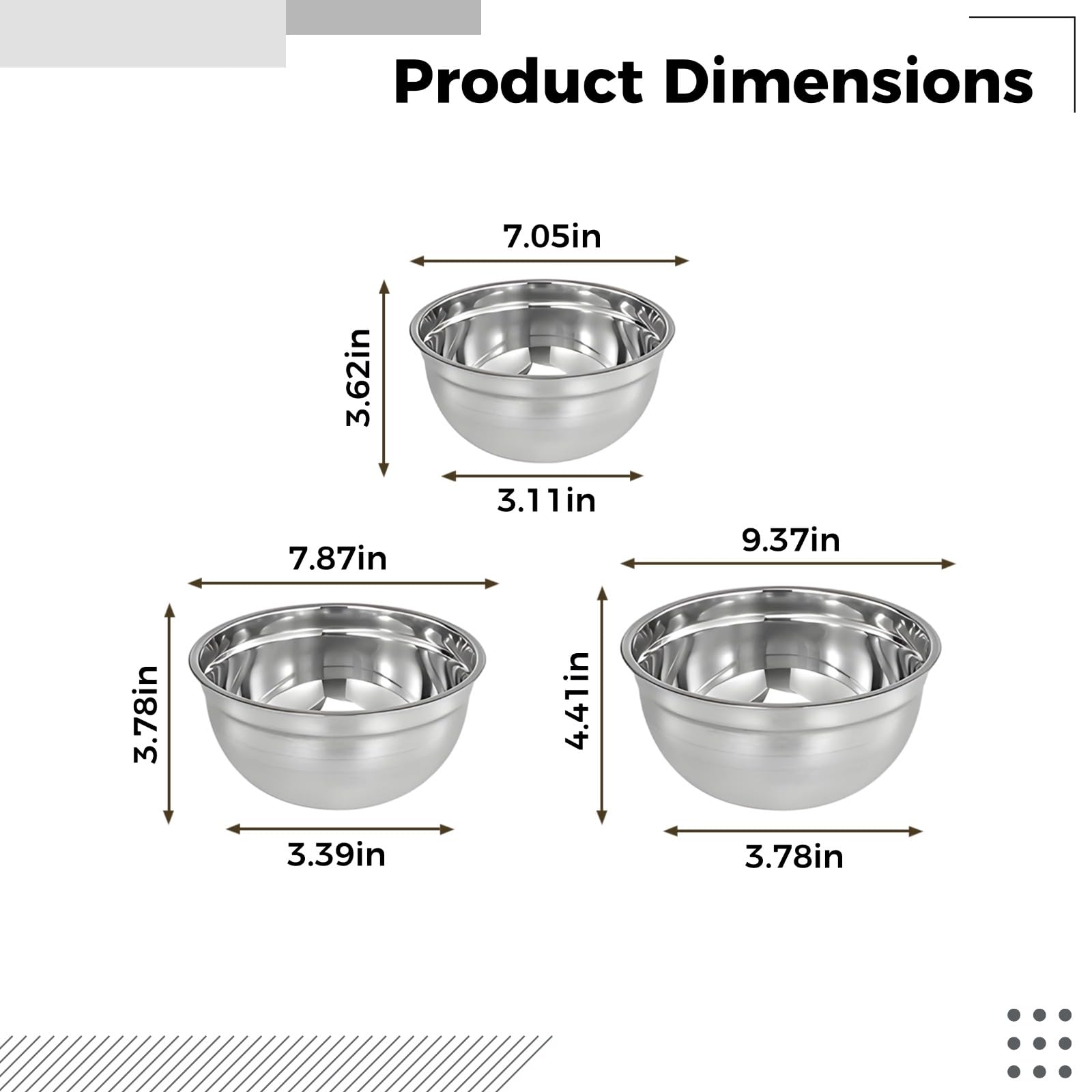 Generisch 3 Stk. Rührschüsseln aus Edelstahl, 17,9 cm, 20 cm und 23,8 cm ineinander stapelbar, für Salat, Backen und Zubereitung, leicht zu reinigen, spülmaschinen- und kühlschrankgeeignet