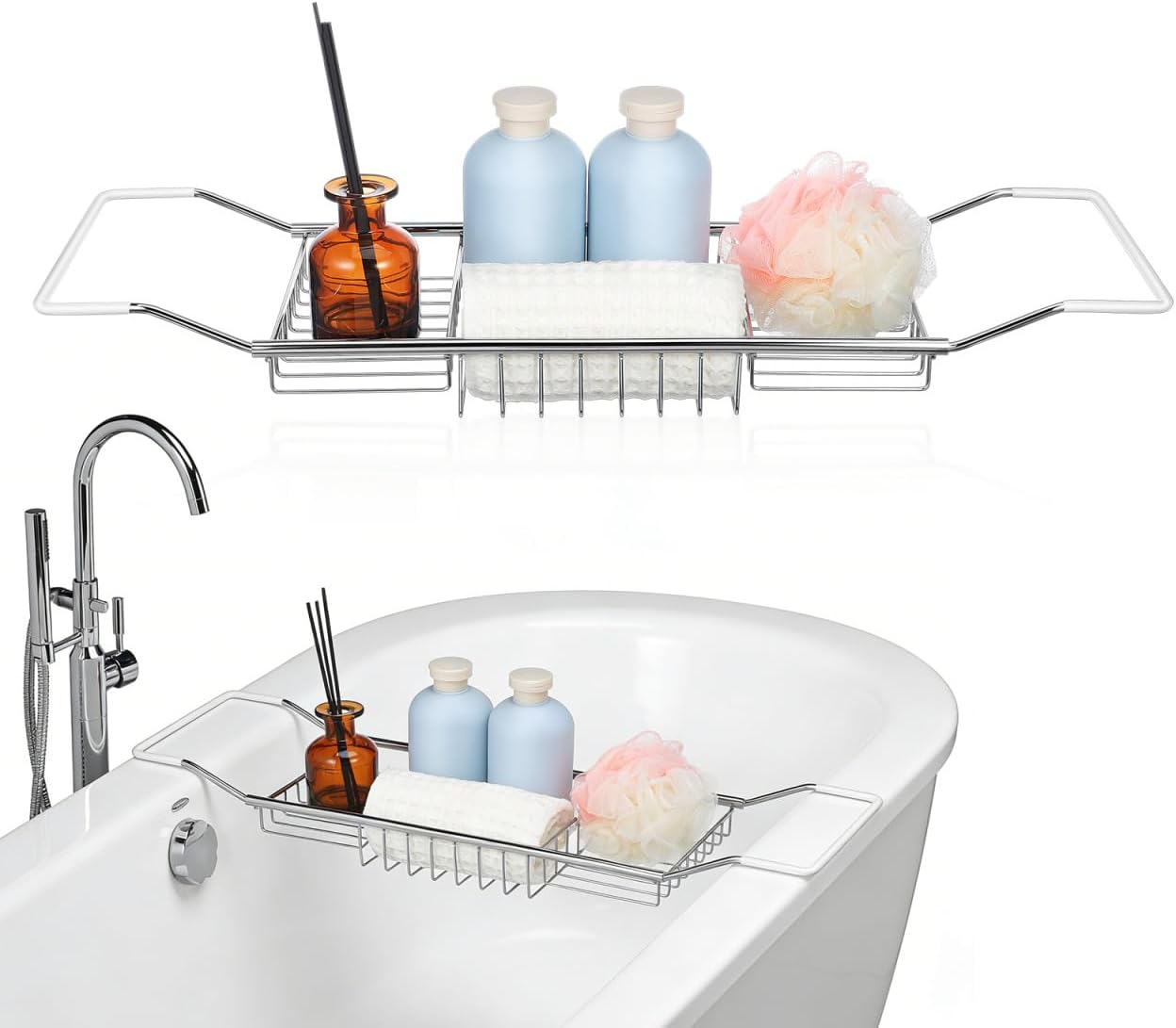 Cabilock Bathtub Tray - Stainless Steel Bathtub Caddy, Expandable Extra Wide Bath Tub Organizer, Rust-Resistant Over The Tub Shelf Rack with Non-Slip Grips for Phone Book Wine Glass, Silver