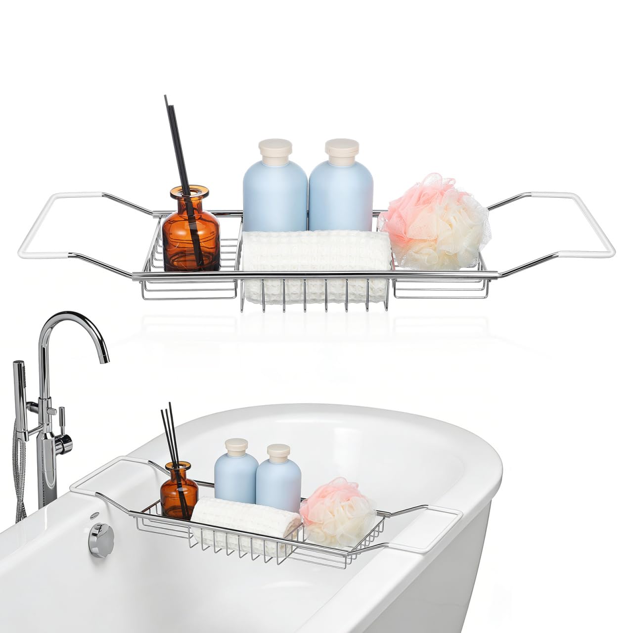 DOITOOL Bañera de acero inoxidable, estante de baño extensible para guardar libros, bebidas, teléfonos y tabletas, bandeja de bañera ajustable para accesorios de baño, plateado