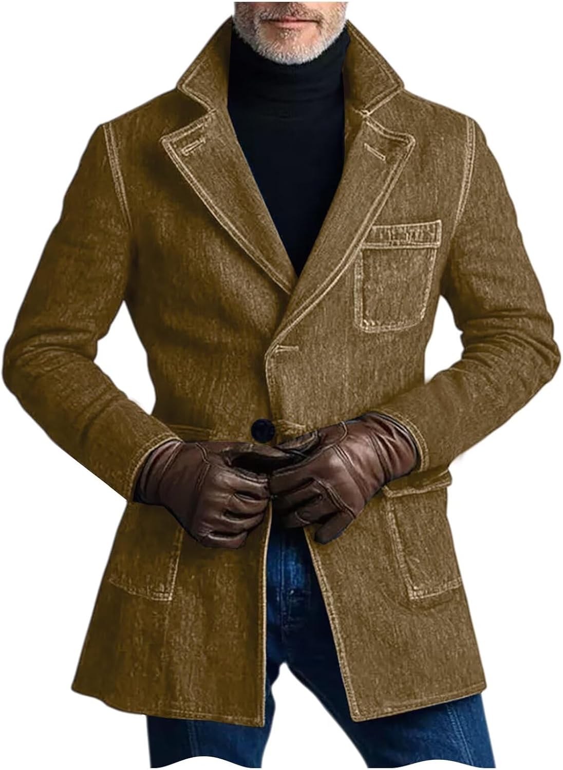 Men's Casual Faux Denim Like Blazer Mid-Length Notch Lapel Single-Breasted Jacket with Pockets for Daily Wear