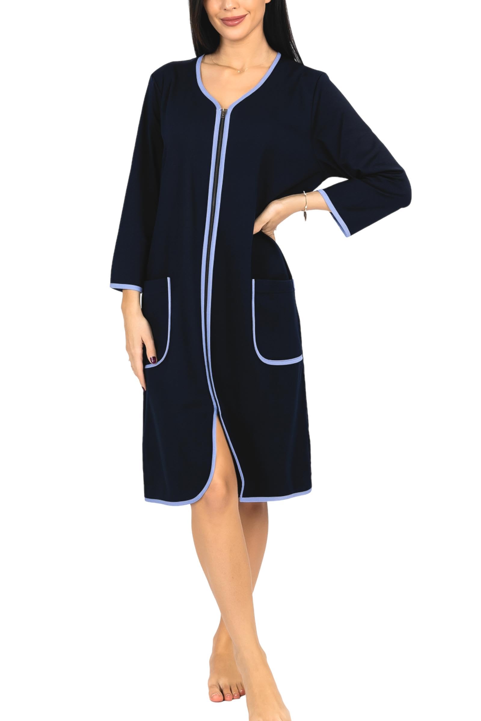 Aquarti Women's Dark Blue Bathrobe Dressing Gown With Zipper Housecoat Light 3/4 Sleeves, 3XL