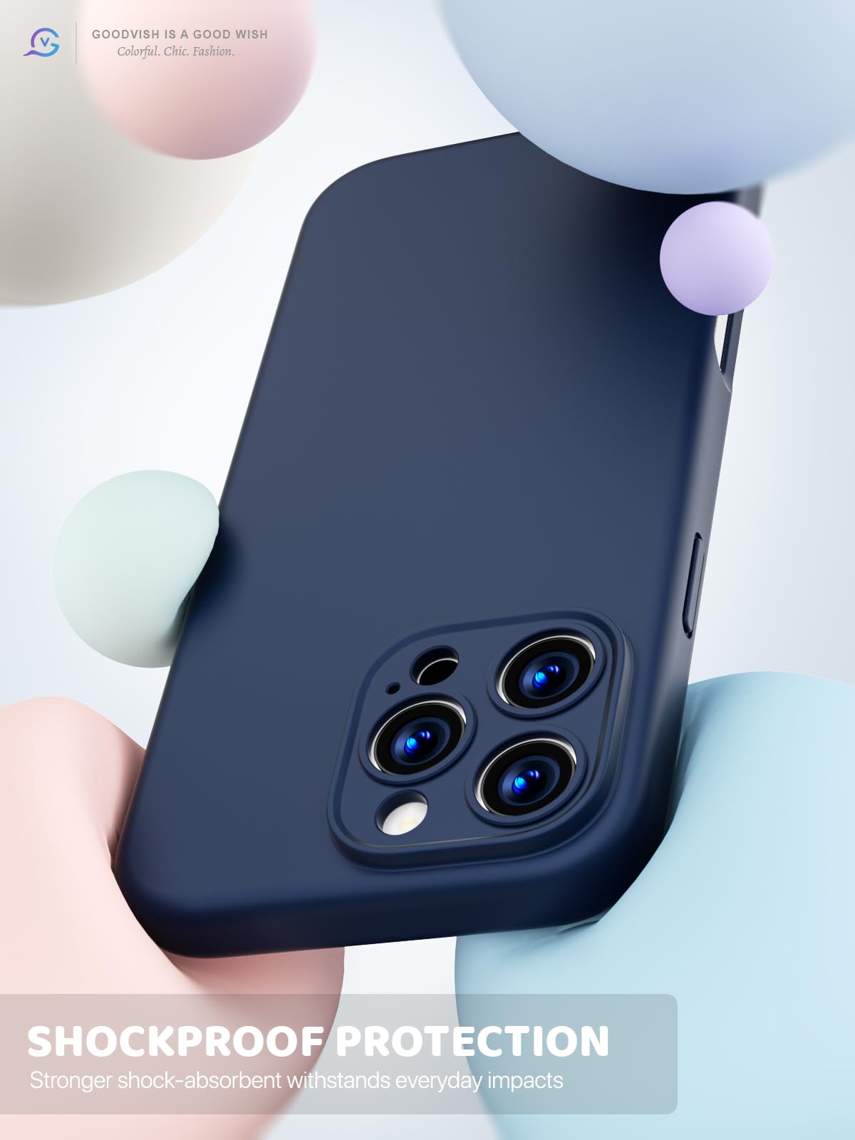 GOODVISH 3 in 1 Silicone Cover per iPhone 16 Pro Max 6.9", Custodia con 2 Pellicola Vetro Temperato [Protezione Fotocamera] Protezione Anticaduta Case per Cellulare Antiurto Resistente, Blu Navy