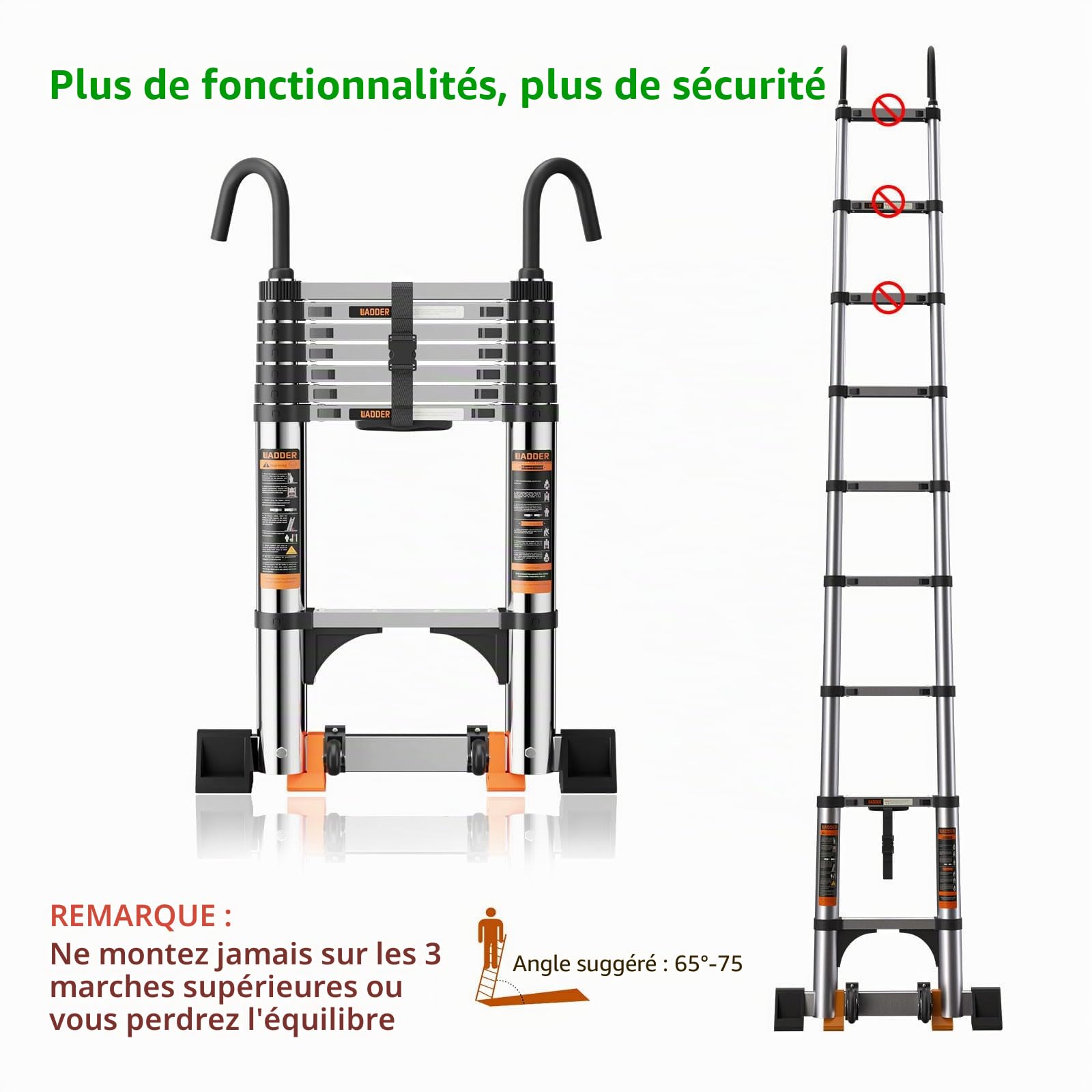 Échelle télescopique de 3,2 m en acier inoxydable épais haute résistance, escabeau avec barre stabilisatrice et crochets amovibles, échelle pliable multi-usage, extensible et portable (2,6 m)