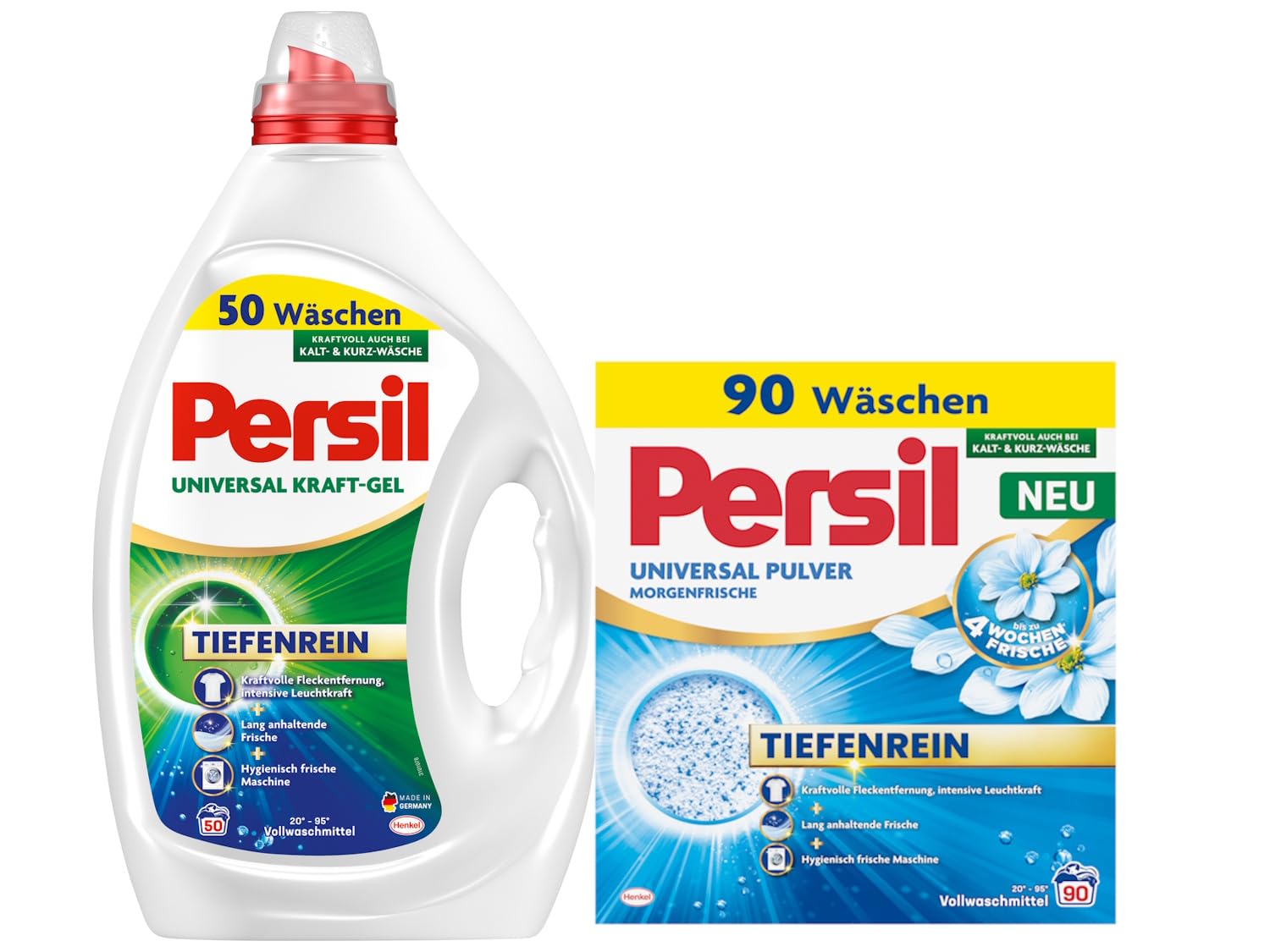 PERSIL Universal Pulver Morgenfrische 90 WL 4,95 kg + Kraft-Gel 50 WL 2,25 l – Extra sauberes Waschmittel Set für weiße & bunte Wäsche