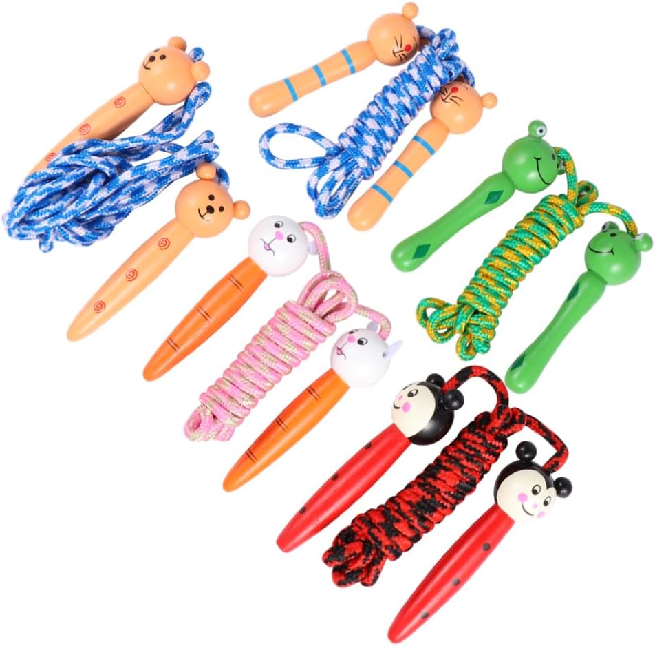 5Pcs Wooden Handle Cartoon Jump Rope for Lightweight Portable Skipping Ropes with Ergonomic Grip for Exercise Fitness and Outdoor Fun Frog Little Man Bear Rabbit