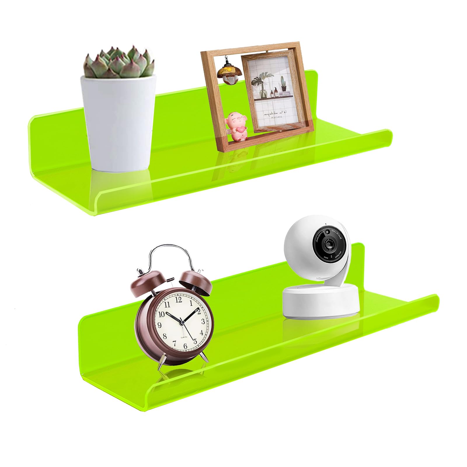 ROYALITA Small Acrylic Shelves Wall Mounted | Set of 2 | 12 Inches | Wall Hanging Plant Display Shelves, Room Decor Floating Wall Shelves for Gaming Room, Bedroom, Living Room, Office, Neon Green — image 1