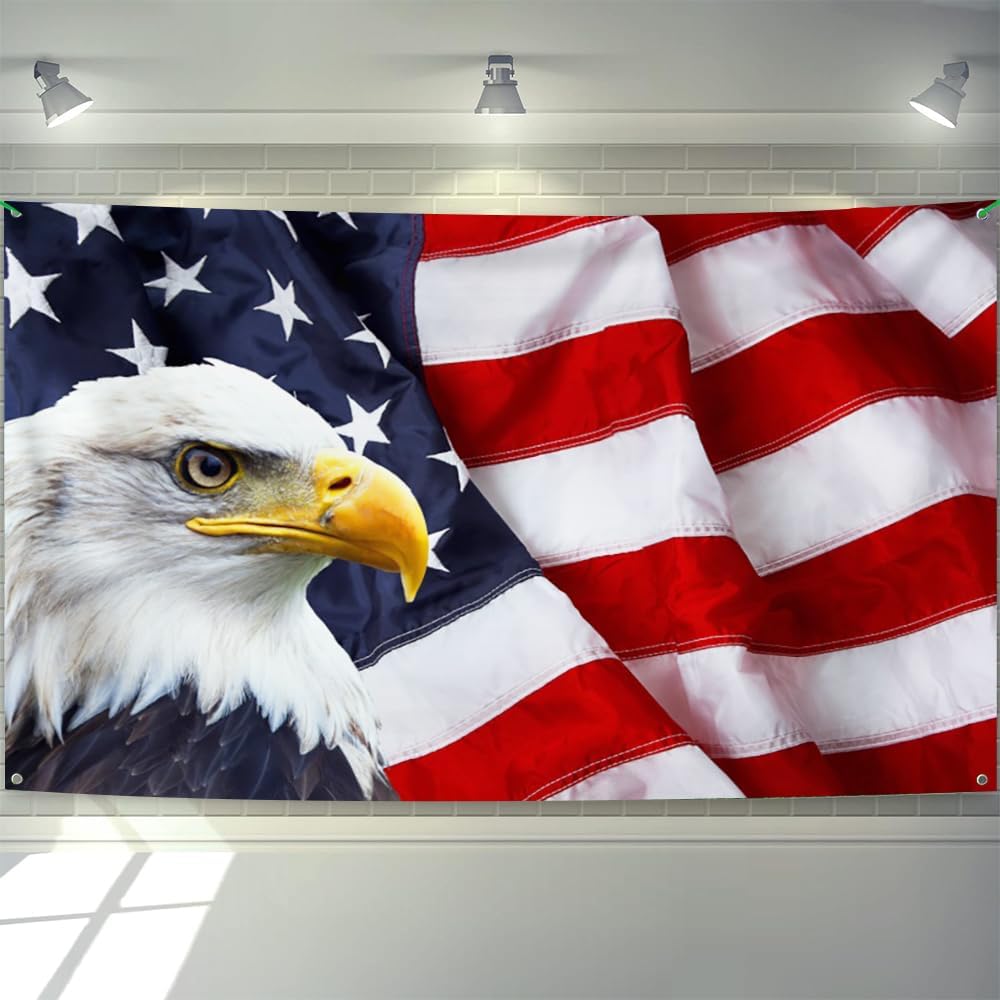 7x16ft American Flag And Bald Eagle Theme Garage Door Decorations 4th Of July Independence Day Garage Door Banner Cover Wallpaper Labor Day Memorial Day Patriotic Veterans Party Supplies