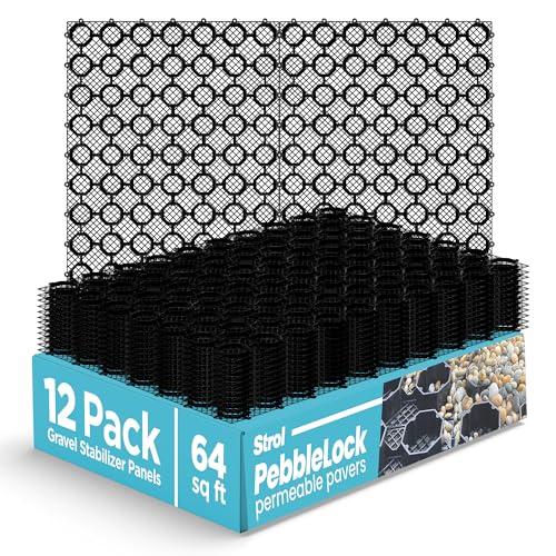 Strol PebbleLock Interlocking Permeable Paver Grid - Heavy-Duty Plastic Gravel Stabilizer Panels for Driveways, Parking Pads, Outdoor Flooring, Landscape Edging, Mud Control - 12-Pack (64 sq ft)