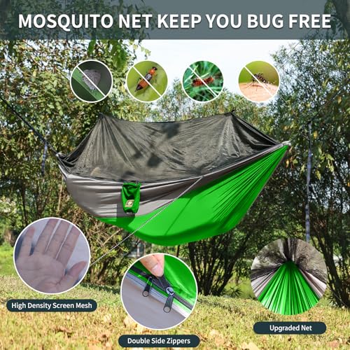 Image of Qevooon Camping Hammock with Net,Portable Lightweight Double Hammocks with Tree Straps and Solid D-Shape Carabiners,Parachute Nylon Hammock for Backpacking Beach Backyard Patio Hiking Green&Grey