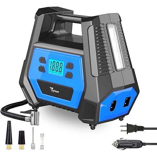 Tire Inflator Portable Air Compressor, Yyton 110V AC/12V DC 2-in-1 Air Pump for Car Tires, Max Air Pressure 150PSI, Dual Power Tire Pump with LED Light for Home, Cars and Other Inflatables