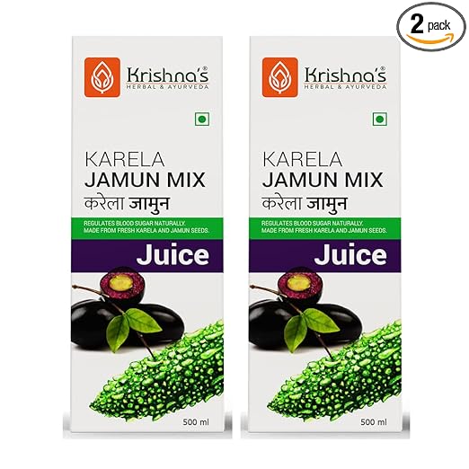 Krishna's Karela Jamun Mix Juice - 500 ml ( Pack of 2 ) | Fresh Karela & Jamun Seed | Ayurevedic Formulation to maintain Sugar Level | Enriched with Vitamin C - Vitamin A | Sugar free Juice with No Added Color or Flavour