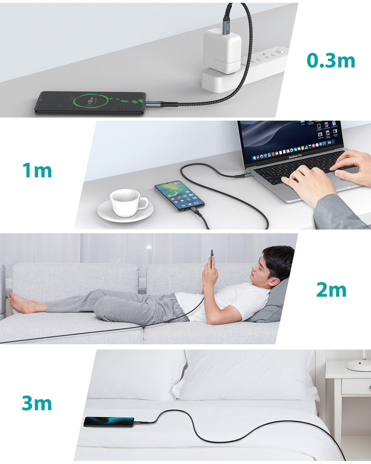 NIMASO USB C to C Cable 4Pack[10ft+6.6ft+3.3ft+1ft], Type C Charger Cord for iPhone 15/15 Pro/15 Plus,iPad Mini 6/ Pro,iPad Air 4,MacBook Pro 2020,Samsung Galaxy S23,Switch