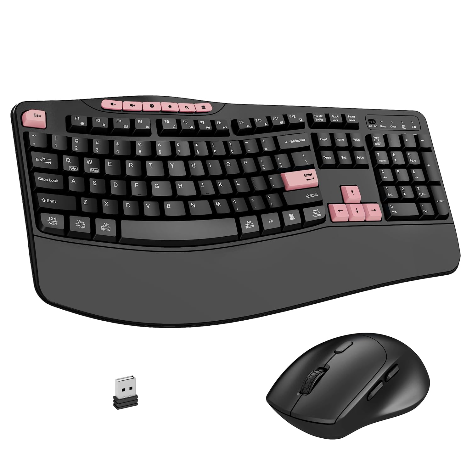 Wireless Keyboard and Mouse Combo, 2.4G Ergonomic Wave Keys(Pink-B) | Full Size Keyboard…