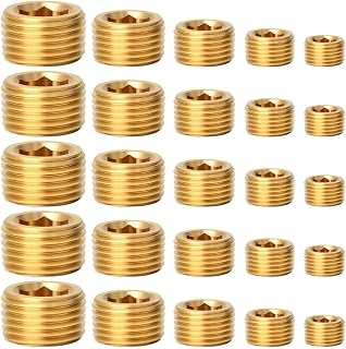 Pluuttiem 25 Piezas de Accesorios de Tapón de Tubería de Latón, Kit Surtido de Accesorios de Tapón de Tubería con Rosca Hexagonal Interna Macho de 1/8 1/4 3/8 1/2 3/4 Pulgadas, C