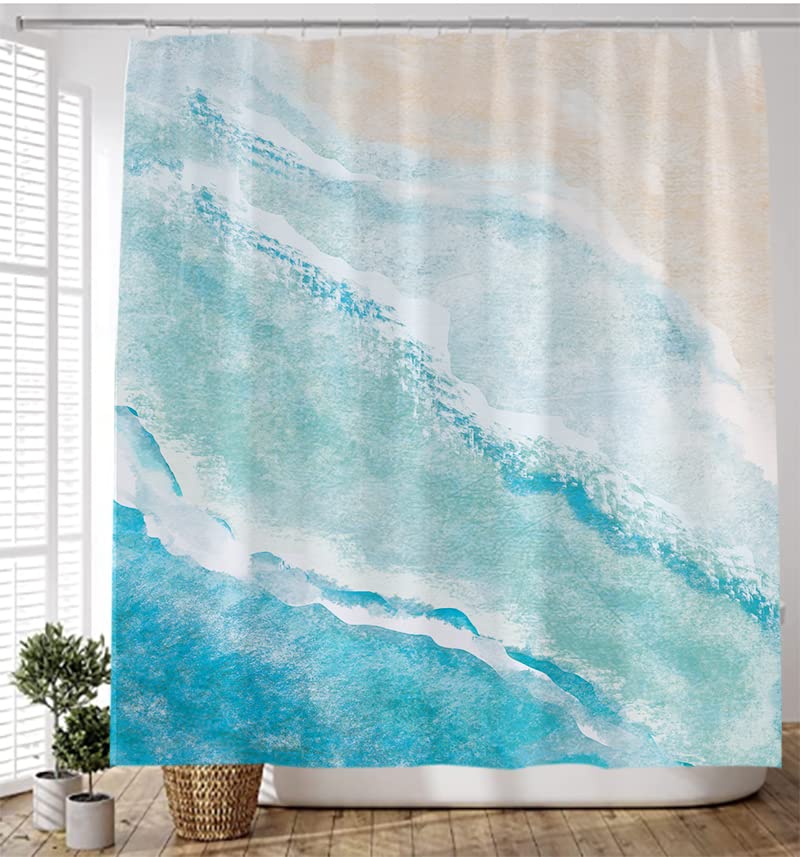 Amazon.co.jp: D&Mhomedecor 水彩 ブルー シャワーカーテン 海 浴室 海 