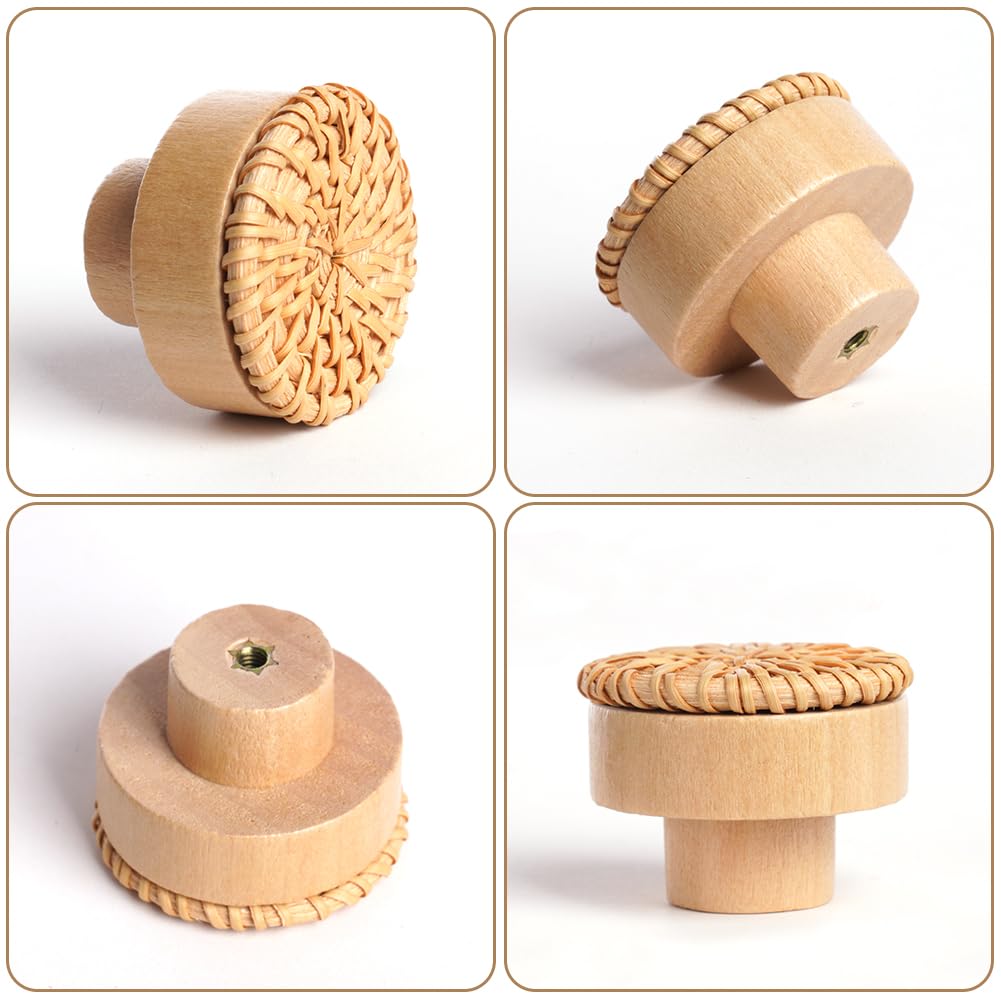 Ainiv 6 PCS Wooden Cabinet Knobs, Round Boho Rattan Drawer Knobs, Vintage Drawer Handles for Home Decor Cupboard, Wardrobe - Image 4