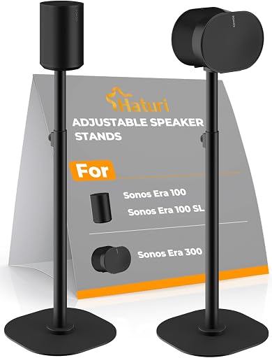 Haturi Speaker Stands Pair for Sonos Era 100, Era 100 SL & Era 300, Adjustable 22"–42" Floor Stands with Cable Management Heavy Duty Metal Construction Non-Slip Base for Living Room Bedroom Office