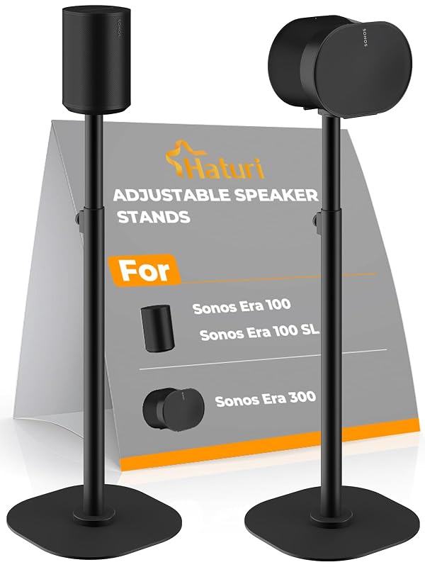 Haturi Speaker Stands Pair for Sonos Era 100, Era 100 SL & Era 300, Adjustable 22"–42" Floor Stands with Cable Management Heavy Duty Metal Construction Non-Slip Base for Living Room Bedroom Office by Haturi - Used condition - US$52.86