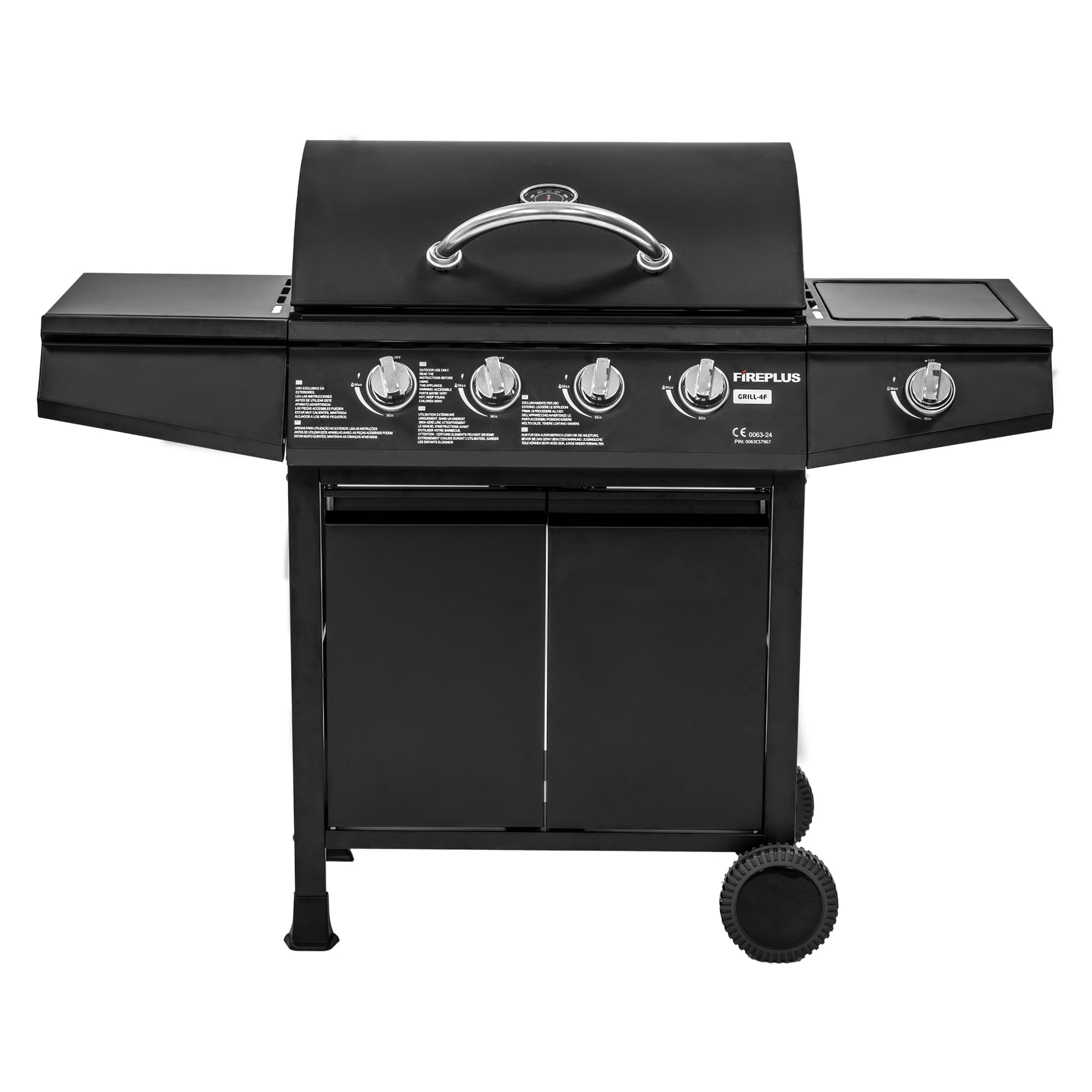 Amig - Barbacoa de gas Fireplus 4+1 de 9,3 kW - Acero inoxidable Negro - Parrilla con ruedas Modelo GRILL-4F - Barbacoa XXL con carro y termómetro - 126x52x103 cm - 5 quemadores y Bandeja lateral