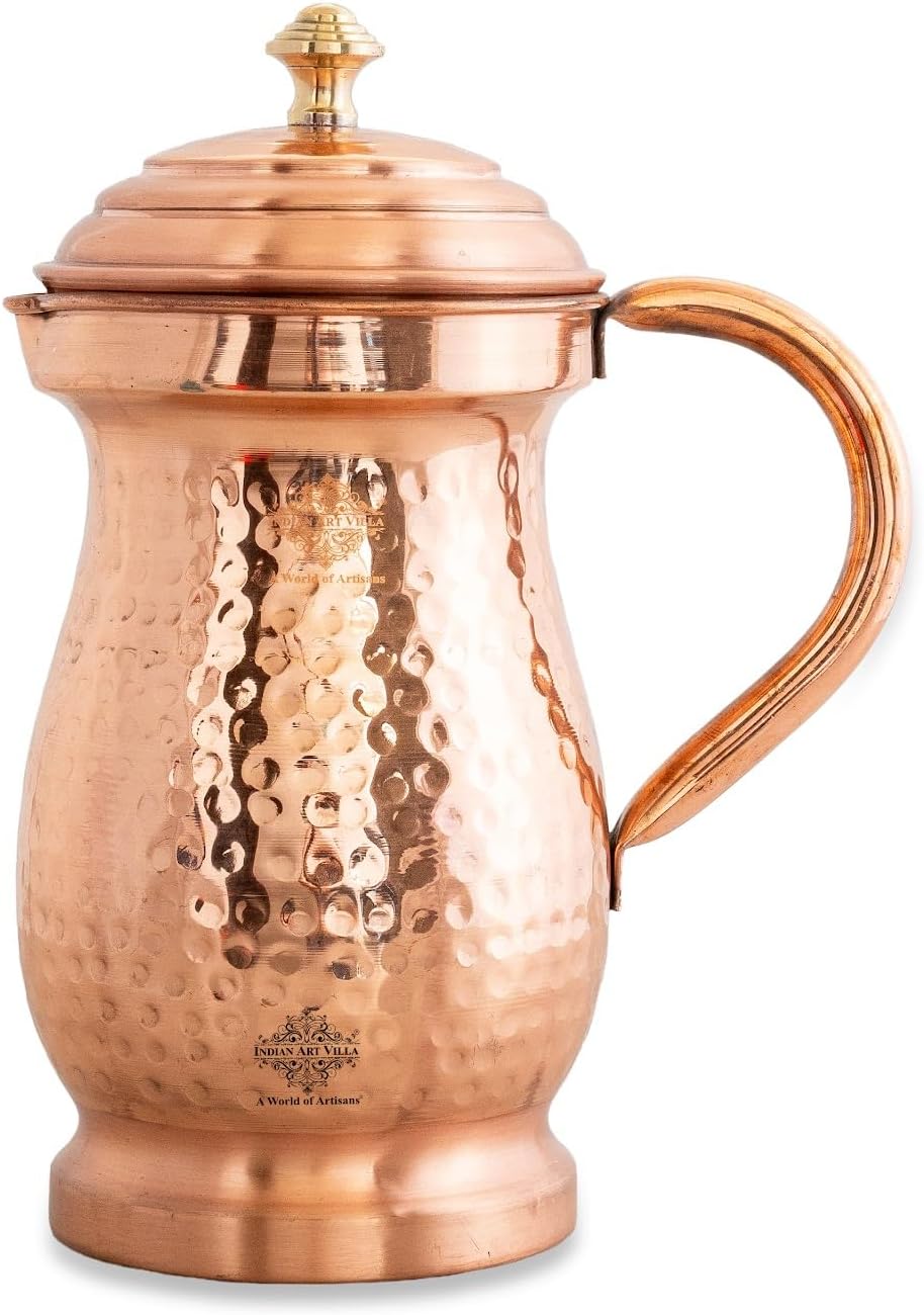 Indian Art Villa Hammered Mughlai Design Copper Jug Pitcher, Storage & Serving Water Home Restaurant, 1600 ML