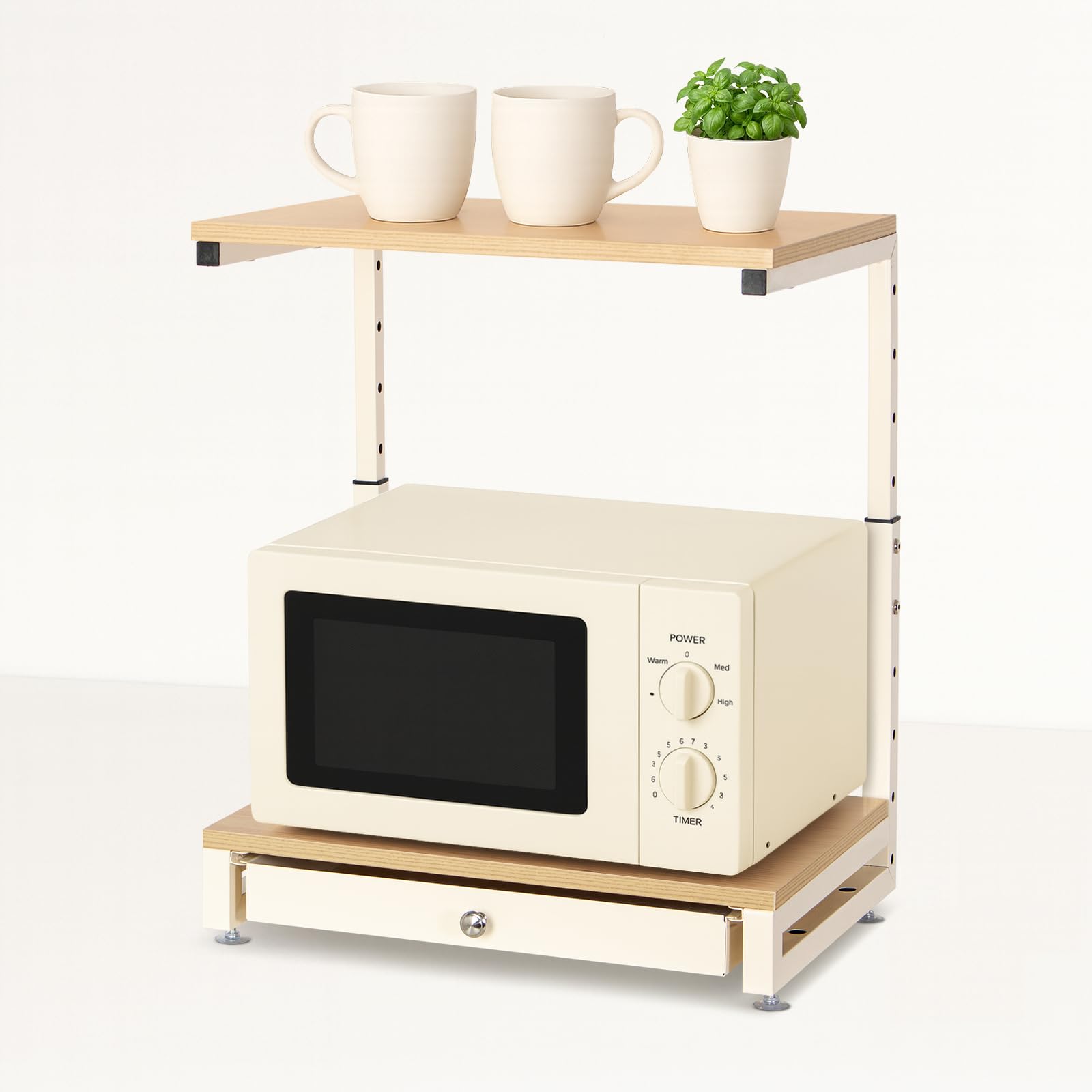 Todeco Verstellbares Mikrowellenregal, Mikrowellen Küchenregal Organizer | cremeweiß 2 stufiges mit Schublade, Platzsparendes Küchenregal, individuell höhenverstellbar 35–62 cm