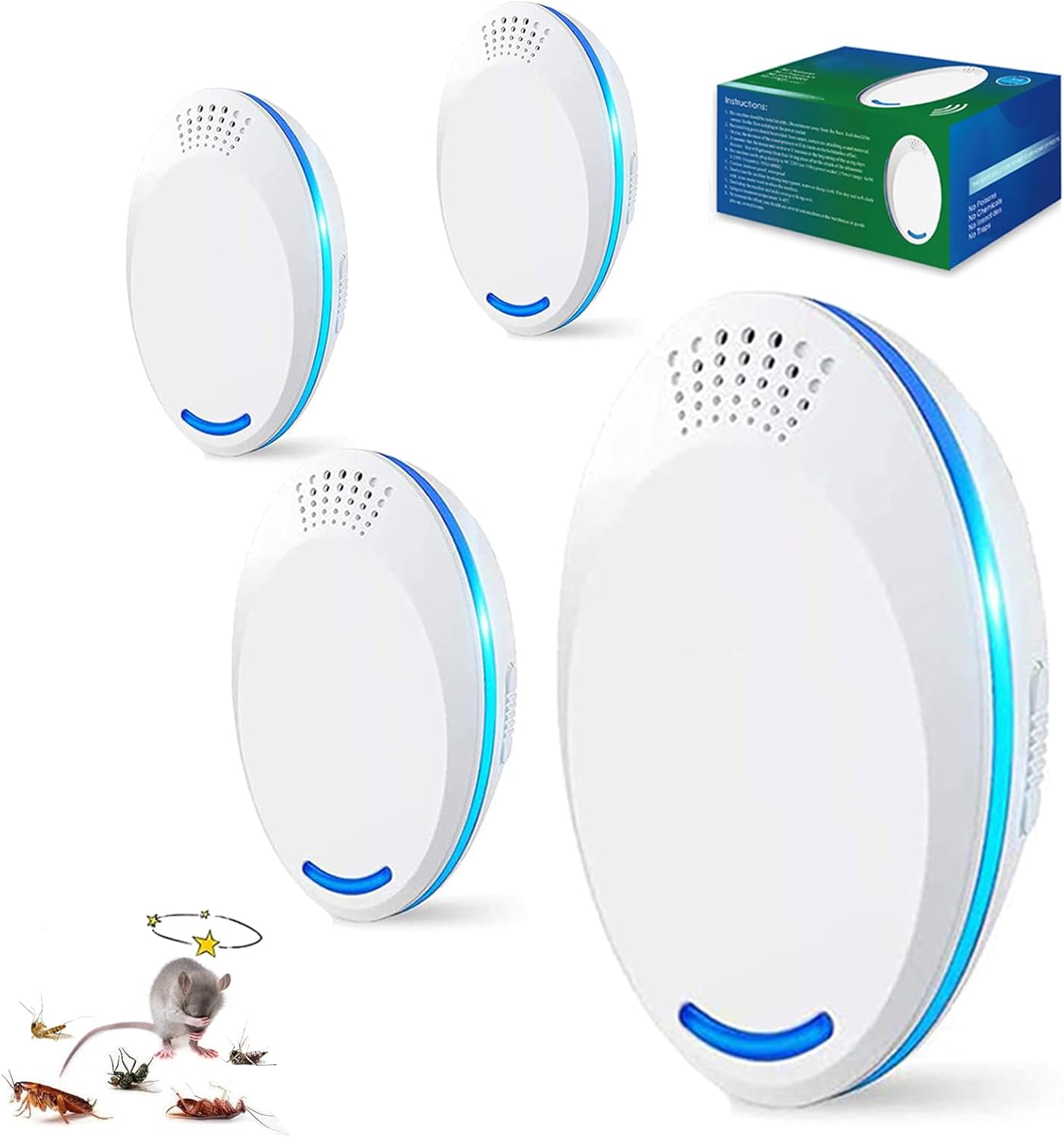 Mouse Mice Repeller Indoor, 4 PCS Rodent Rat Repellent, Ultrasonic Pest Mouse Repeller, Spider Repellent Indoor, Pest Roach Repellent Ultrasonic Plug in, 4 inch