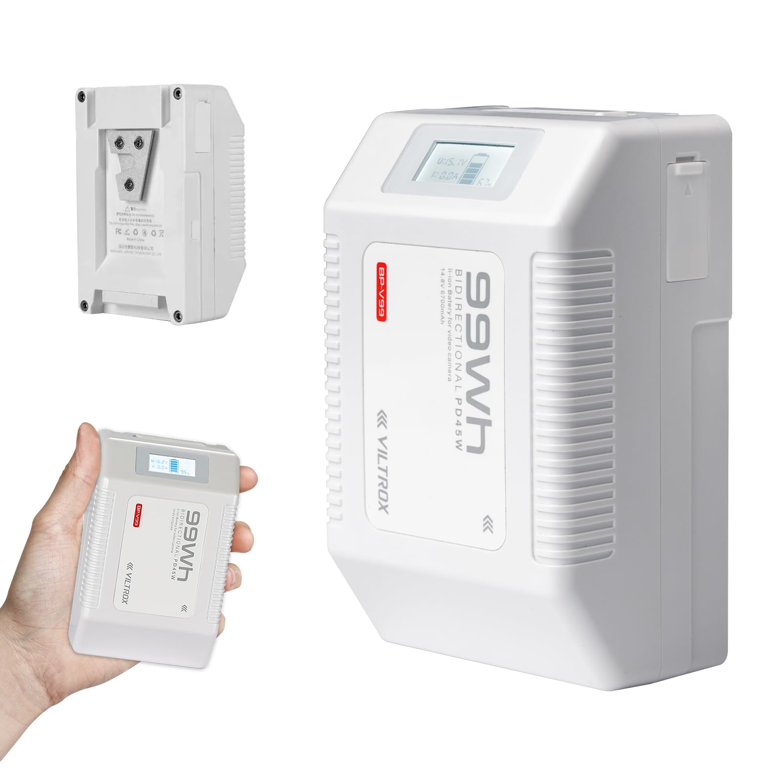 VILTROX BP-V99 V Mount Akku 6700mAh Mini V Lock Battery 99Wh/14.8V mit LCD-Anzeige,Dual D-Tap&USB Output,Weiß Mini V Lock Akku in Camcordern,Kameras,LED-Lampen,Monitoren,Smartphones und MacBooks