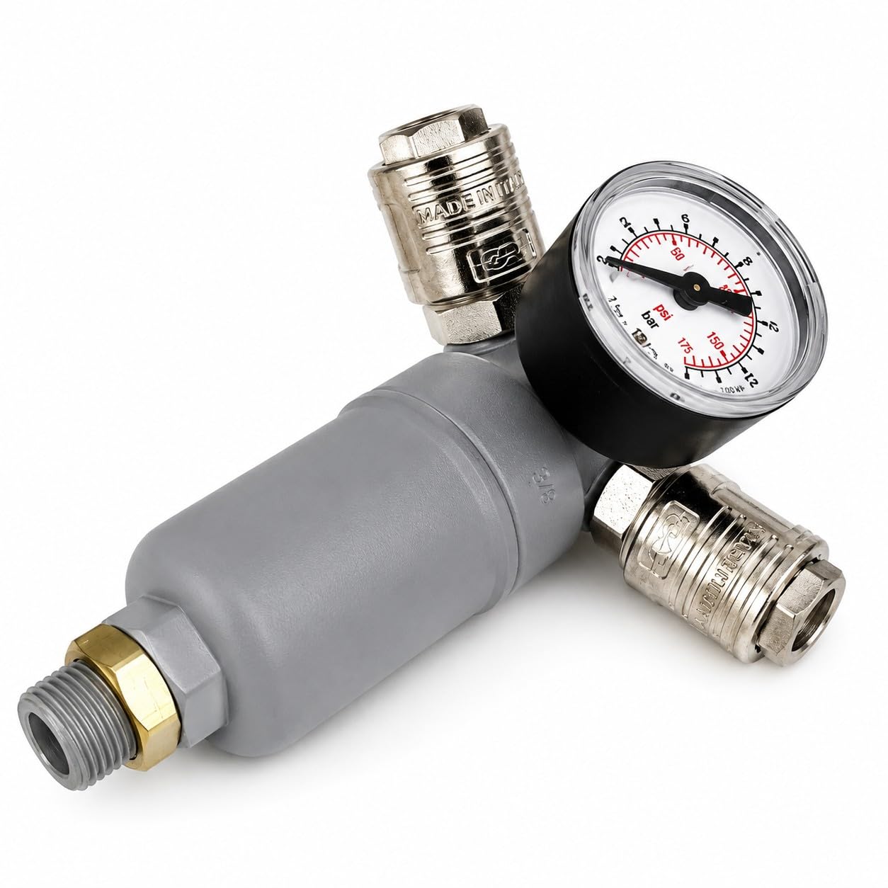 Regolatore di Pressione per Compressore con Filtro Aria Manometro 2 Uscite Universali Raccordo 3/8" Maschio 12 Bar 180 L/min