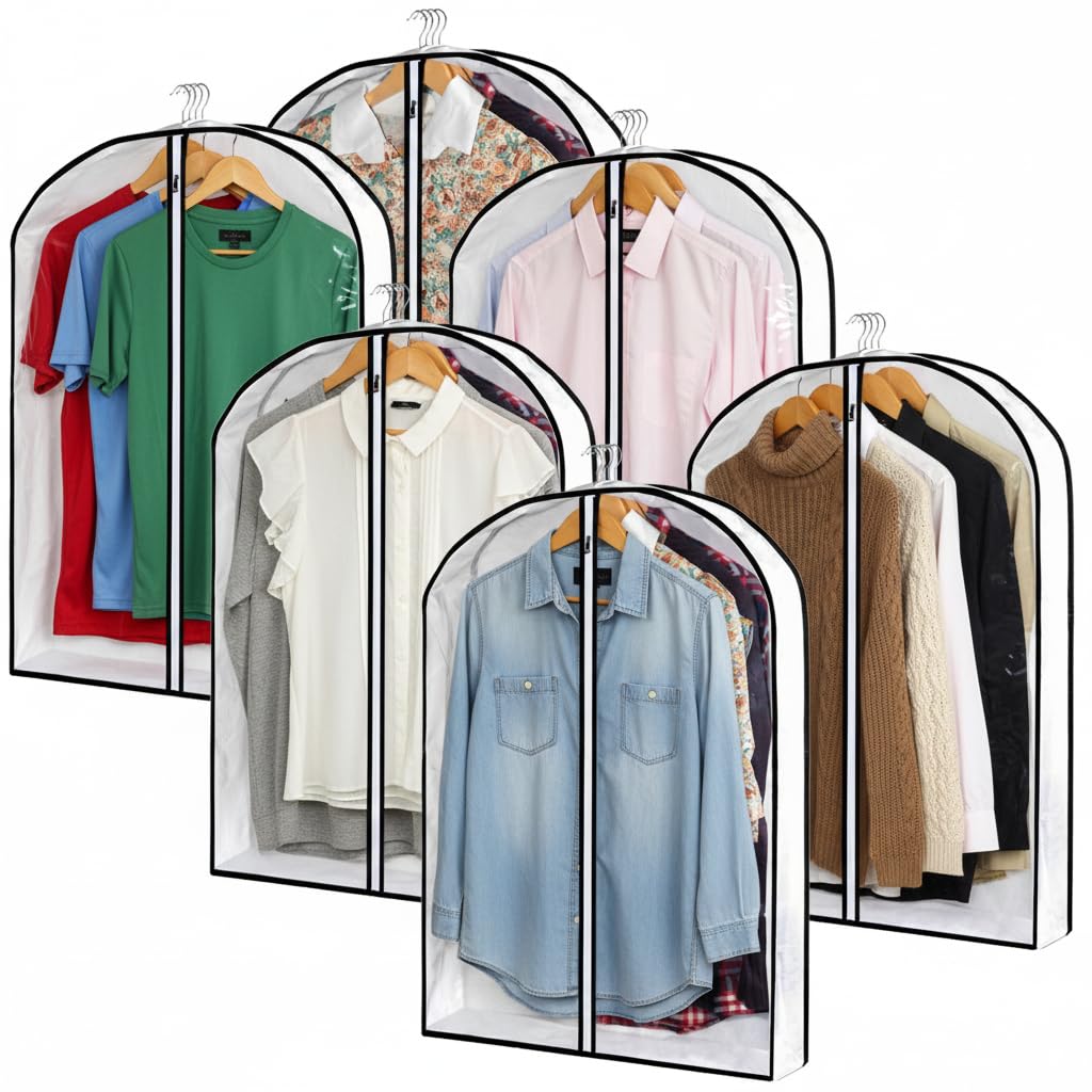 Hanging Clothes Bag Set of 6 - Clear Plastic Garment Bags with Zipper Closure - 24" x 32" x 4" - Ideal for Suits, Sweaters, Shirts