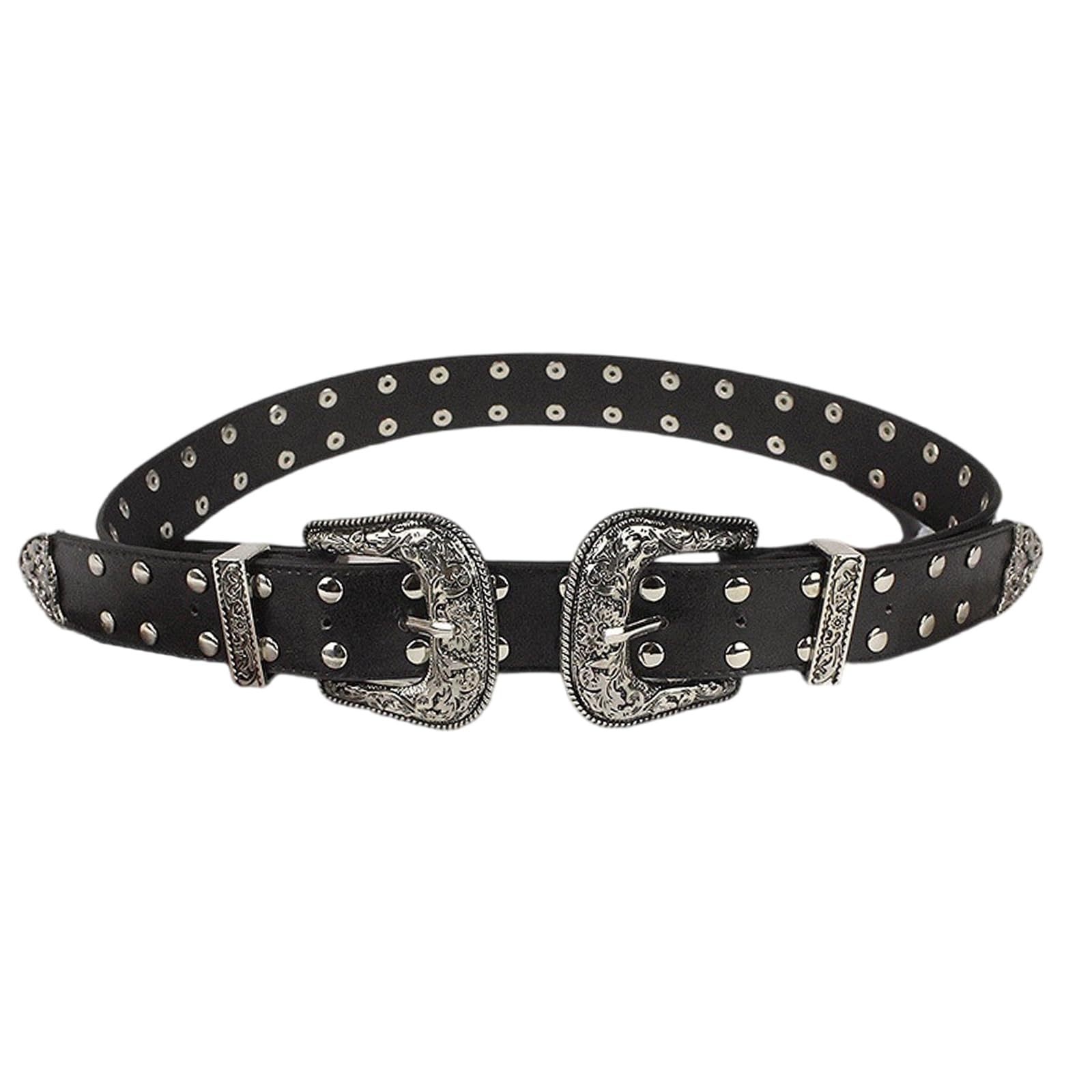 MICFENY Retro Punk Styles Double Buckles Belt With Rivets Studs And PU Leather Engraved Retro Design