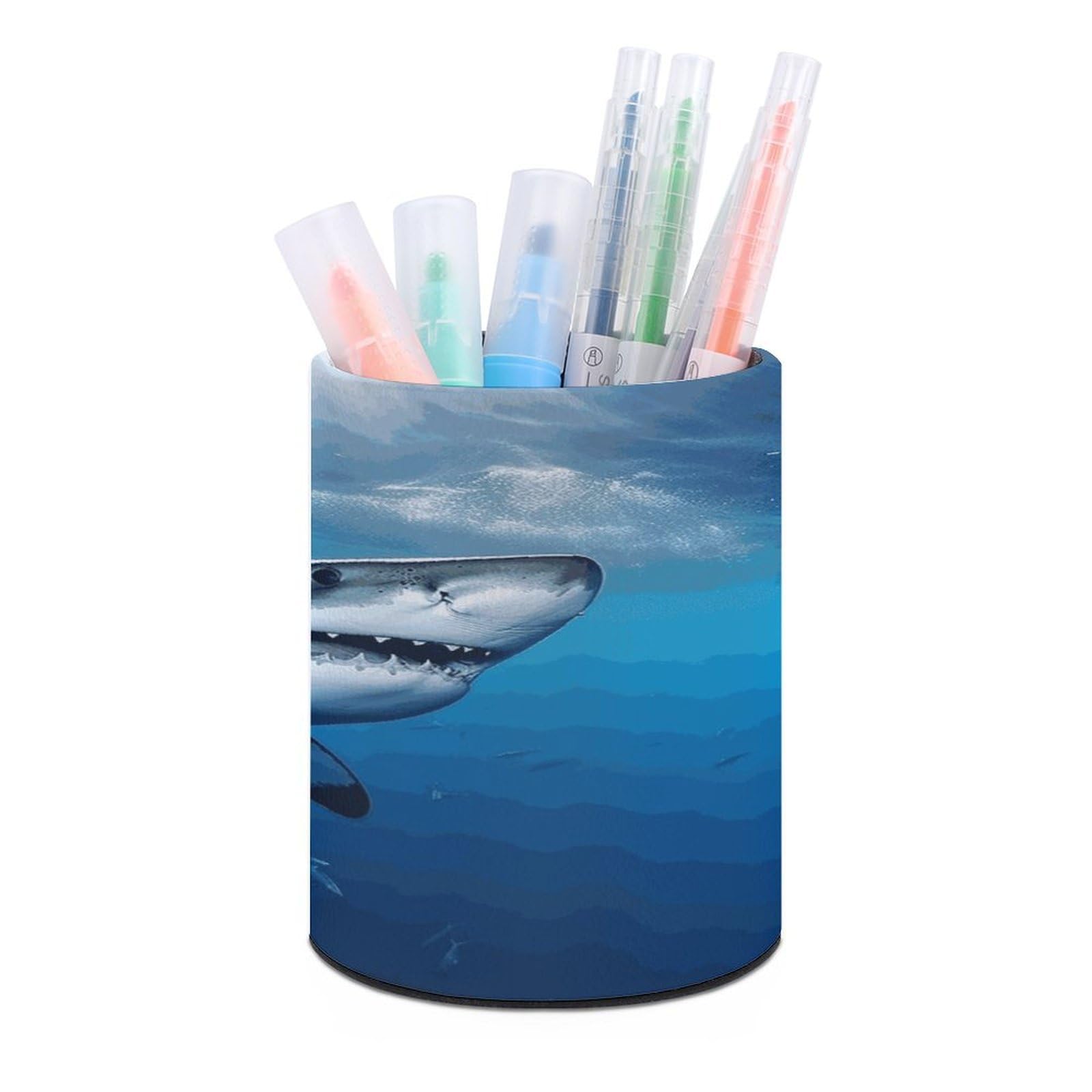 FekiLoot Ocean Sea Animal Shark Pen Holder Cup Fashion PU Leather Pencil Cup Minimalist Pen Organizer Round Pencil Holder Stand Work Locker Accessories for Decoration Desk Office Home