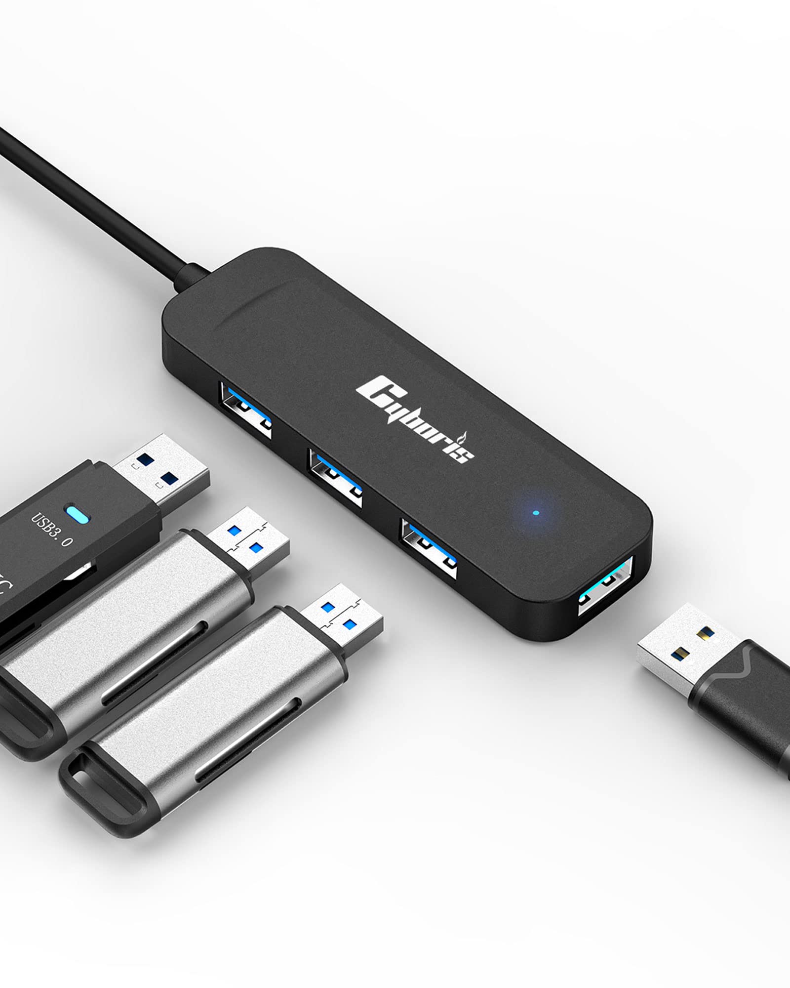 CYBORIS USB 3.0 Hub 4-Port 0.6FT, USB Splitter USB 3.0 Hub, USB Port Hub Expander, Ultra-Slim Data USB Hub for Laptop, PC, PS4, XPS, Flash Drive, Mobile HDD. Charging Not Supported