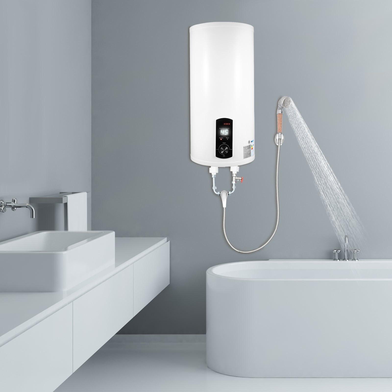 Podgrzewacz przepływowy, bojler elektryczny, pojemność 2000 W, szerokość ciepłej wody, 80 l, pionowy zbiornik IPX4, 25-75°C, ze słuchawką prysznicową, do kuchni, toalet, salonów fryzjerskich, łazienki